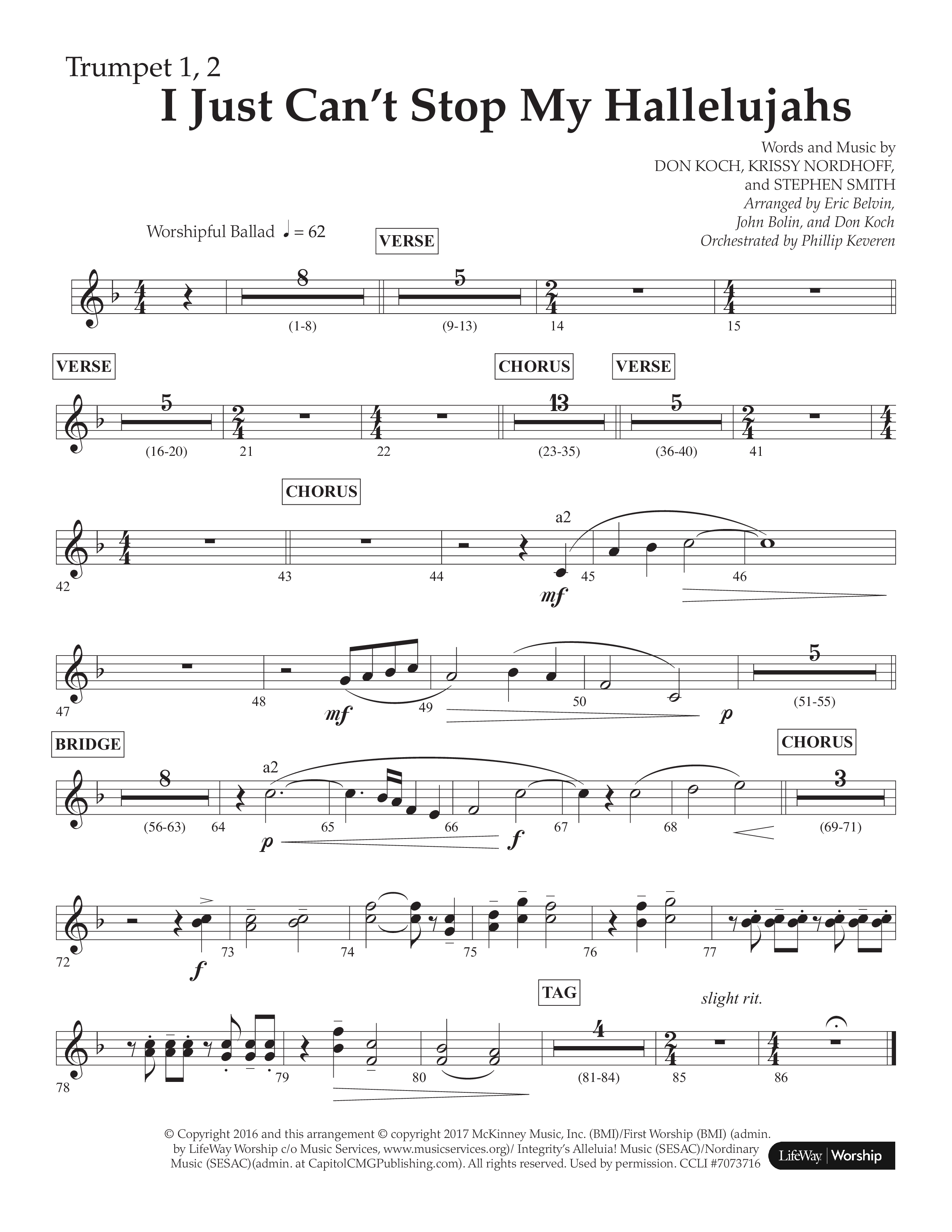 I Just Can’t Stop My Hallelujahs (Choral Anthem SATB) Trumpet 1,2 (Lifeway Choral / Arr. Eric Belvin / Arr. John Bolin / Arr. Don Koch / Orch. Phillip Keveren)
