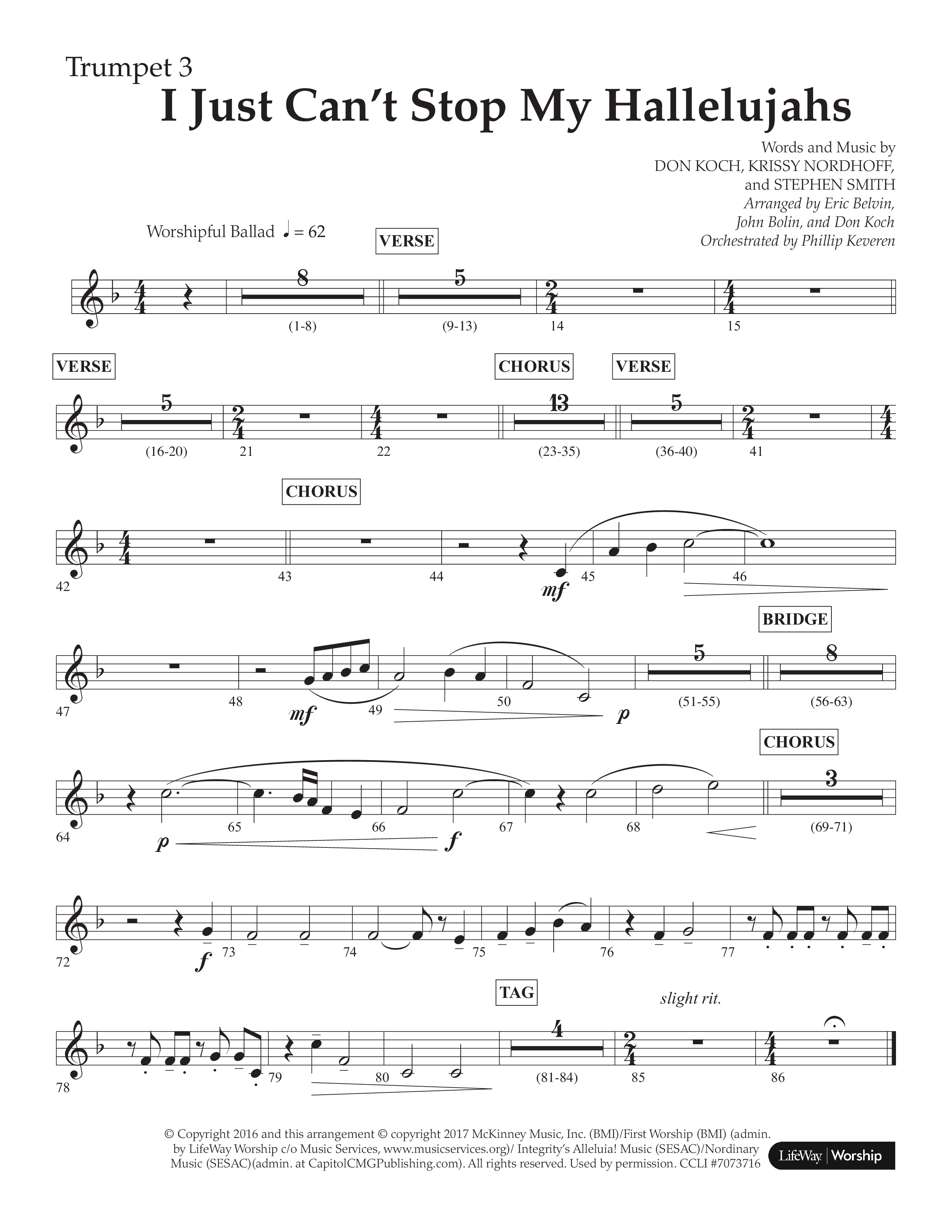 I Just Can’t Stop My Hallelujahs (Choral Anthem SATB) Trumpet 3 (Lifeway Choral / Arr. Eric Belvin / Arr. John Bolin / Arr. Don Koch / Orch. Phillip Keveren)