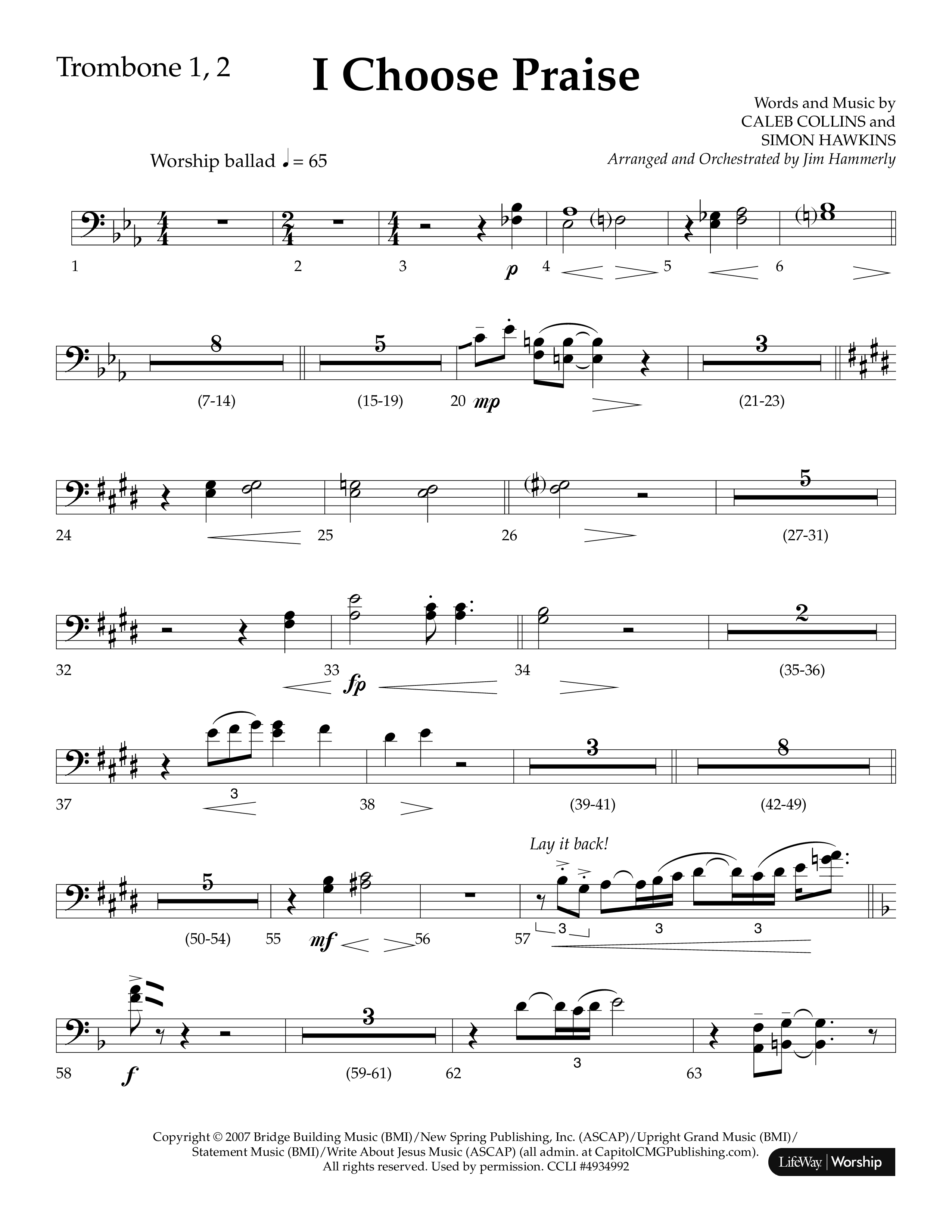 I Choose Praise (Choral Anthem SATB) Trombone 1/2 (Lifeway Choral / Arr. Jim Hammerly)