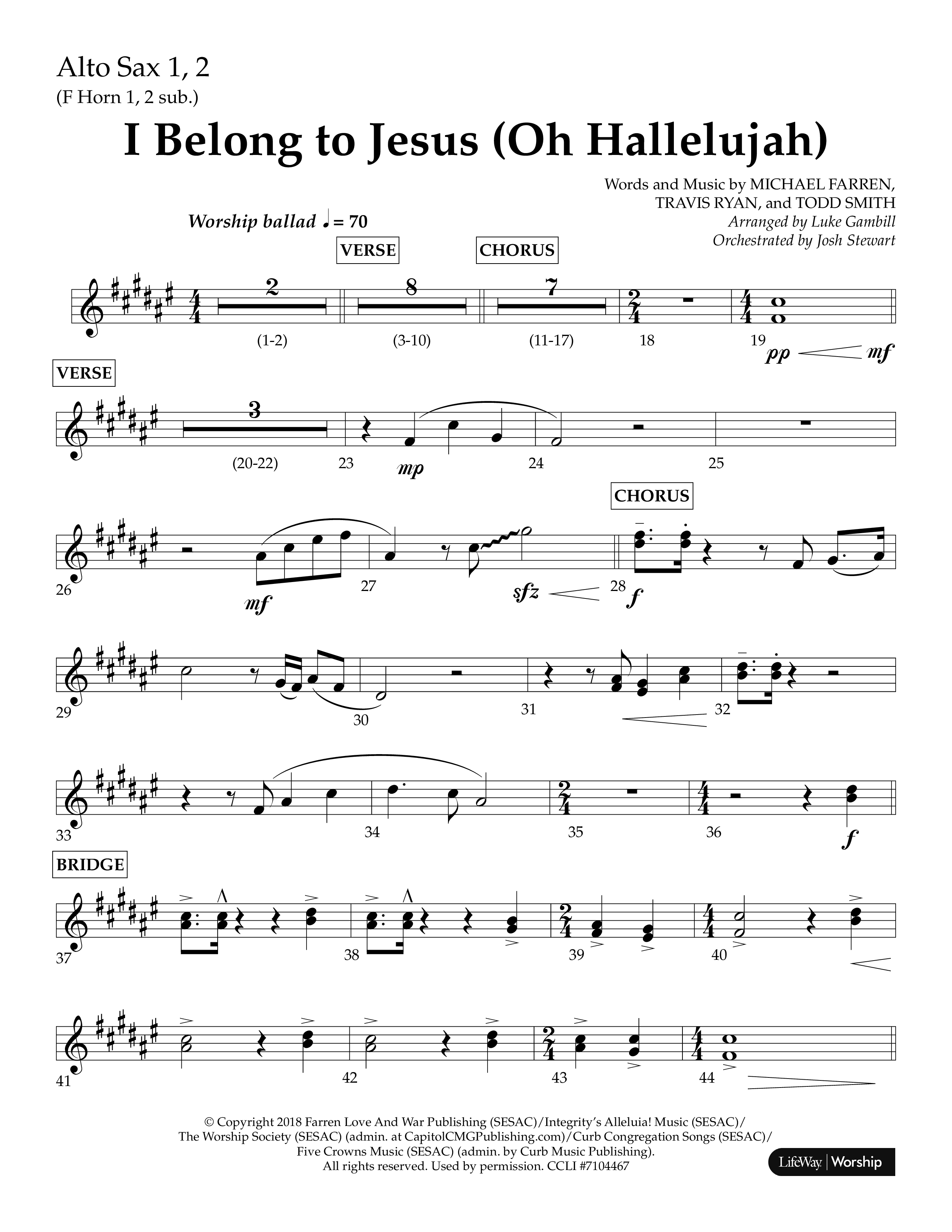 I Belong To Jesus (Hallelujah) (Choral Anthem SATB) Alto Sax 1/2 (Lifeway Choral / Arr. Luke Gambill / Orch. Josh Stewart)