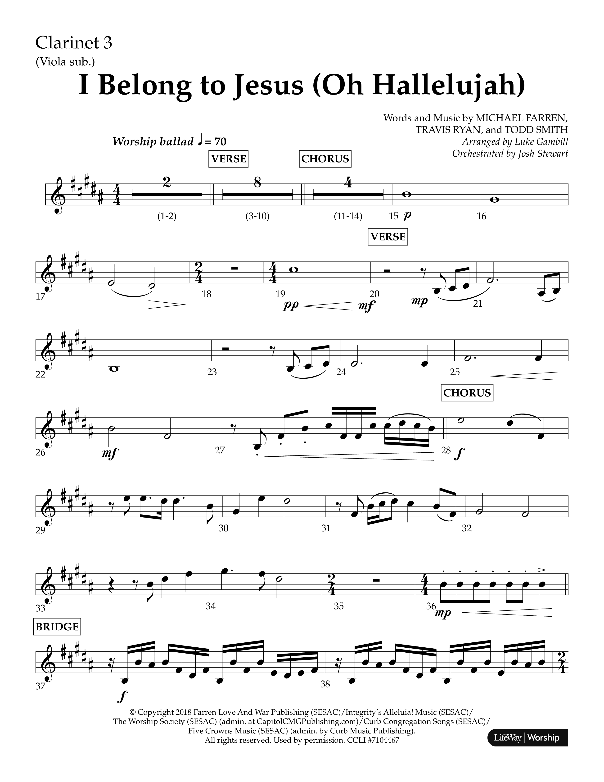 I Belong To Jesus (Oh Hallelujah) (Choral Anthem SATB) Clarinet 3 (Lifeway Choral / Arr. Luke Gambill / Orch. Josh Stewart)