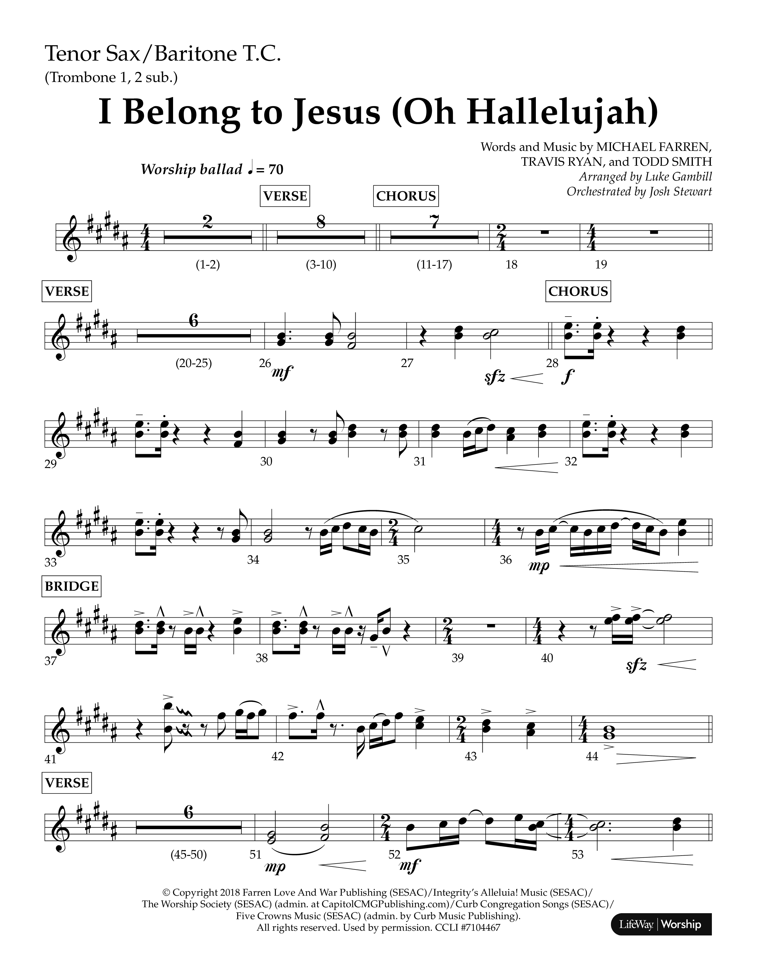 I Belong To Jesus (Hallelujah) (Choral Anthem SATB) Tenor Sax/Baritone T.C. (Lifeway Choral / Arr. Luke Gambill / Orch. Josh Stewart)