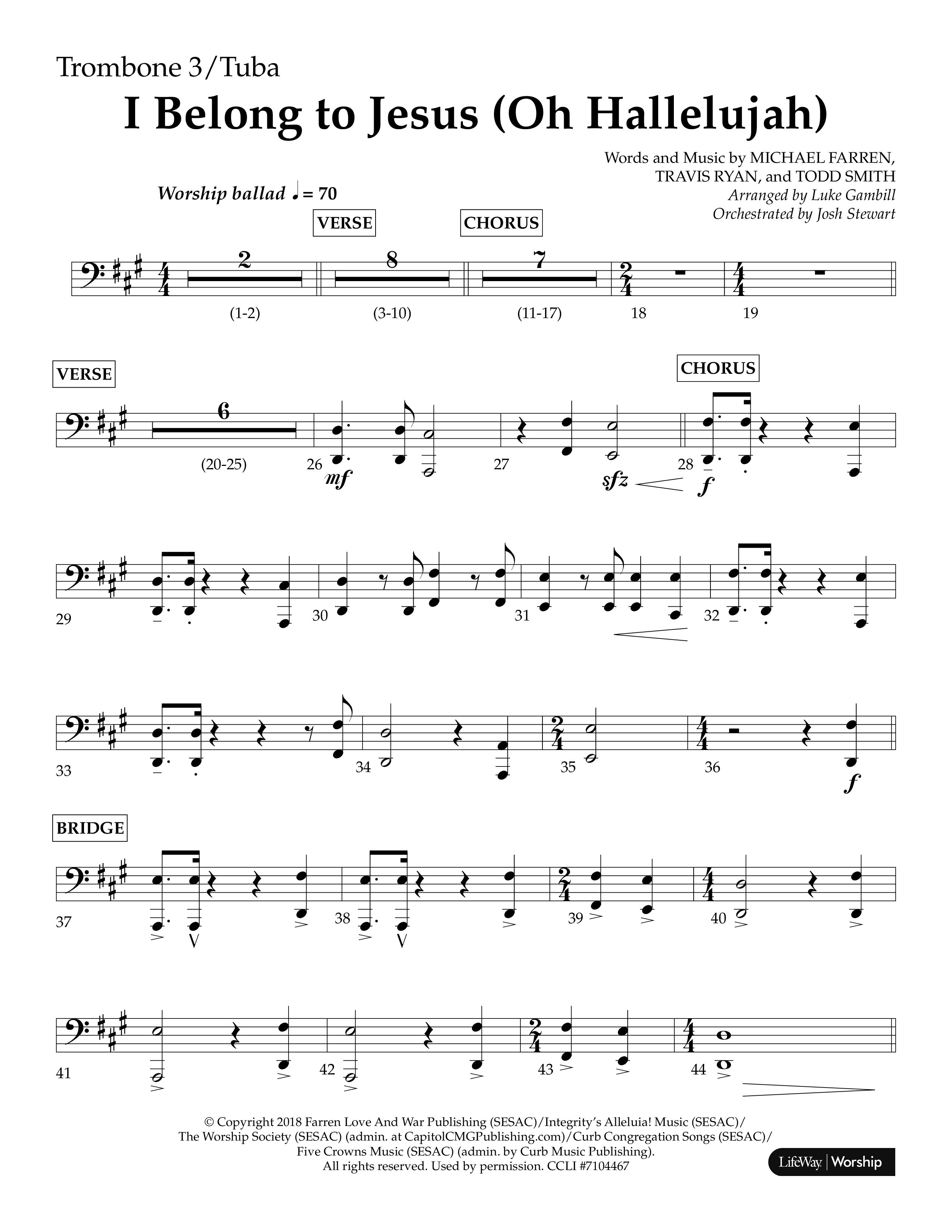 I Belong To Jesus (Oh Hallelujah) (Choral Anthem SATB) Trombone 3/Tuba (Lifeway Choral / Arr. Luke Gambill / Orch. Josh Stewart)