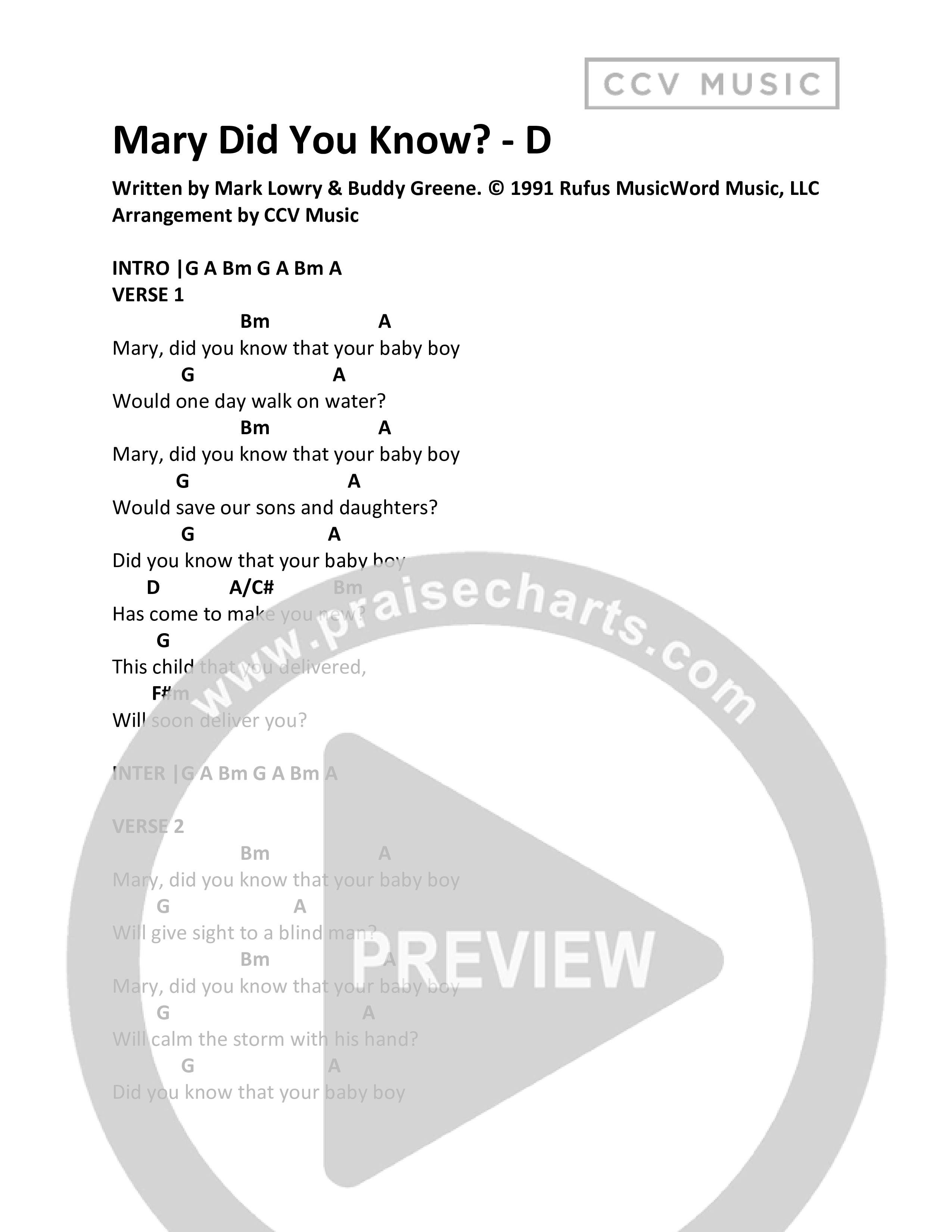 Mary Did You Know Chord Chart (CCV Music)