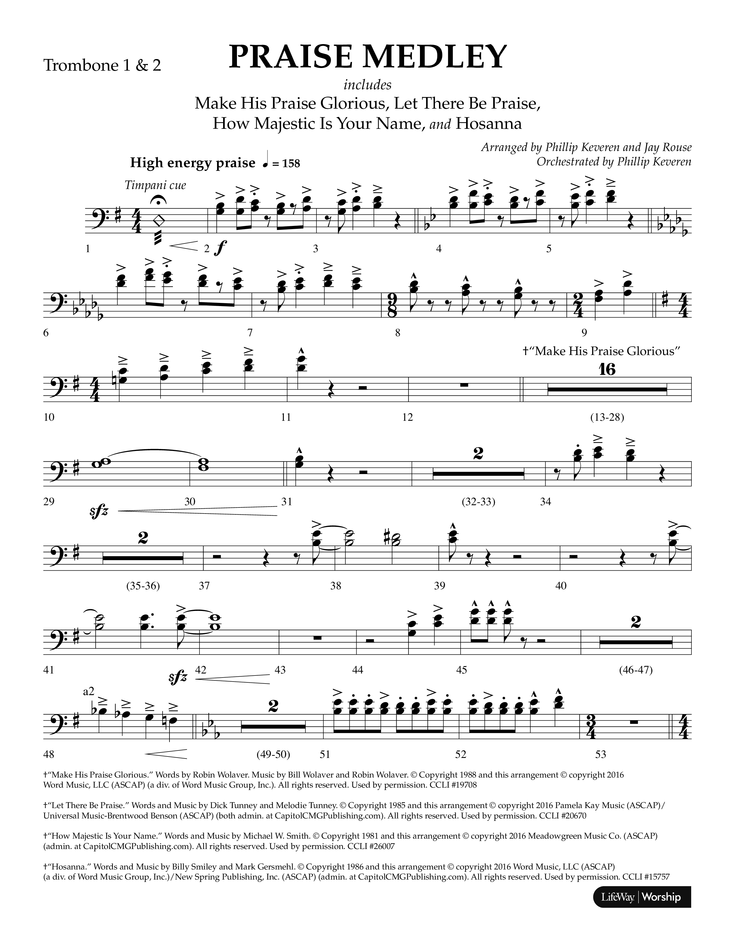 Praise Medley (Choral Anthem SATB) Trombone 1/2 (Lifeway Choral / Arr. Phillip Keveren / Arr. Jay Rouse)