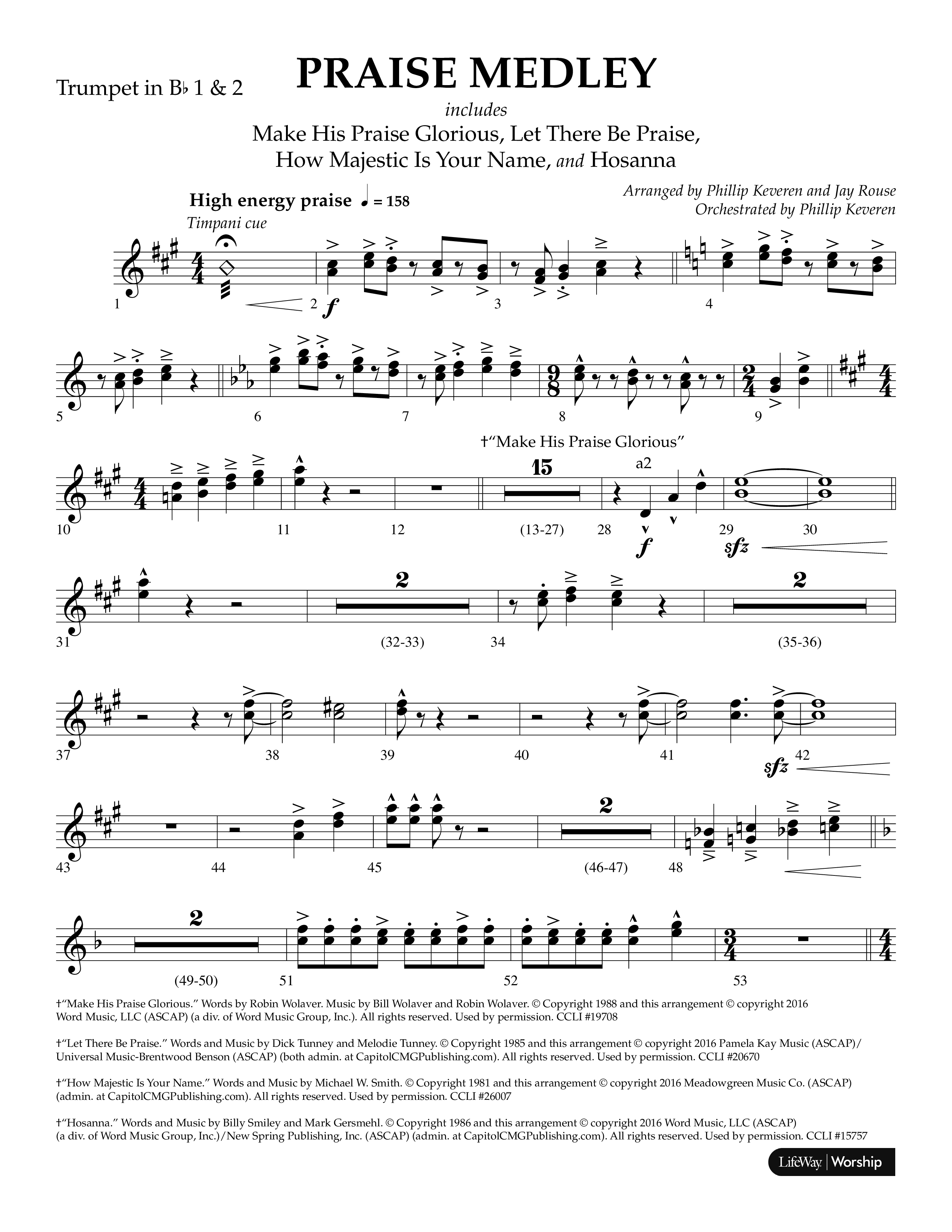Praise Medley (Choral Anthem SATB) Trumpet 1,2 (Lifeway Choral / Arr. Phillip Keveren / Arr. Jay Rouse)