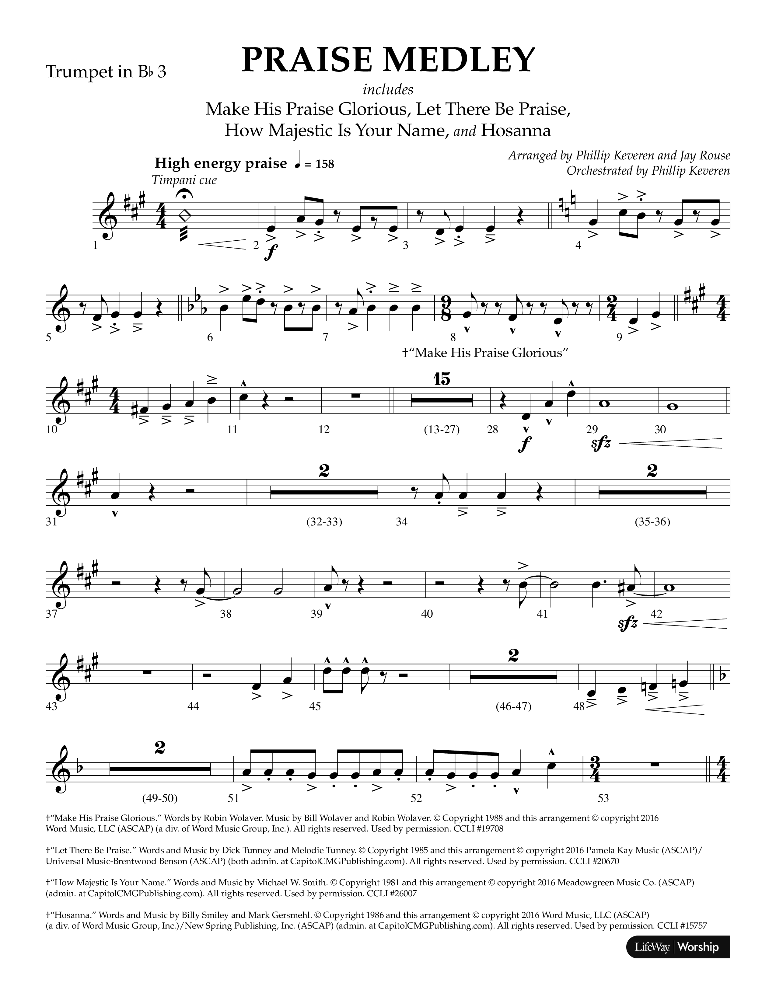 Praise Medley (Choral Anthem SATB) Trumpet 3 (Lifeway Choral / Arr. Phillip Keveren / Arr. Jay Rouse)