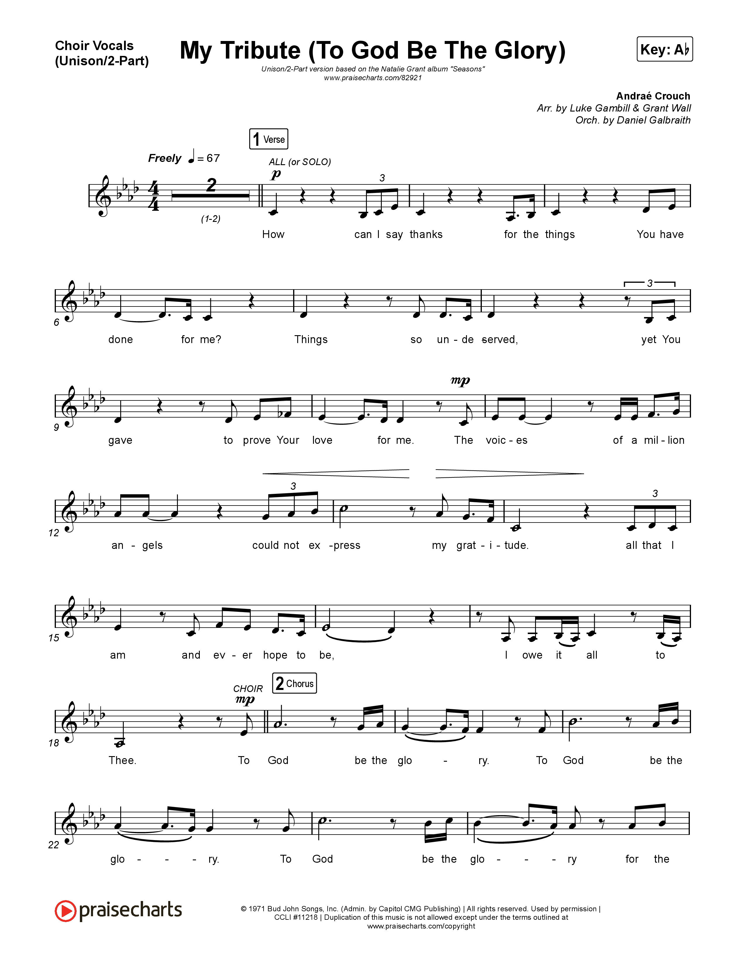 My Tribute (To God Be The Glory) (Unison/2-Part) Choir Vocals (Uni/2-Part) (Natalie Grant / CeCe Winans / Arr. Luke Gambill)