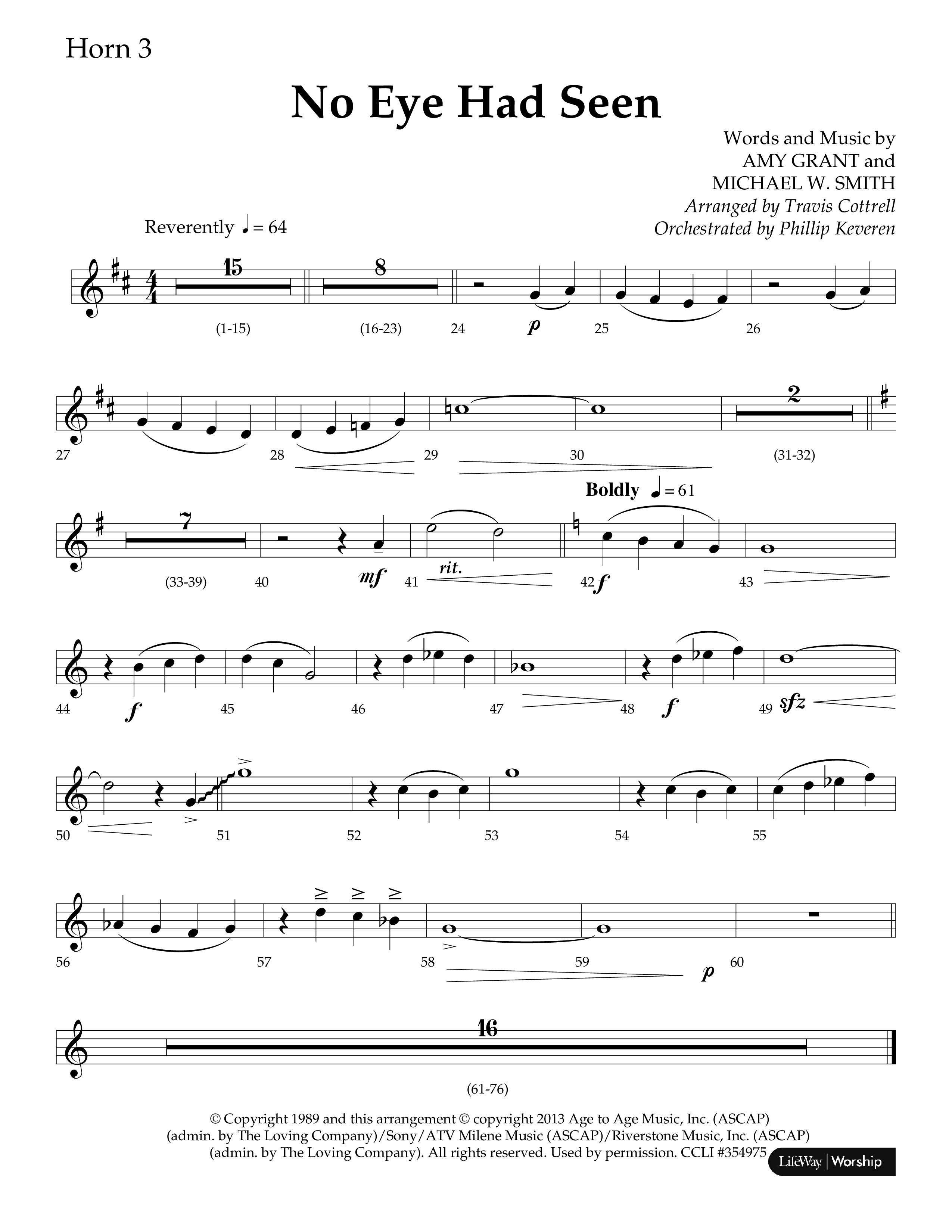 No Eye Had Seen (Choir Edition / Sing It Now) French Horn 3 (Lifeway Choral / Arr. Travis Cottrell / Orch. Phillip Keveren)