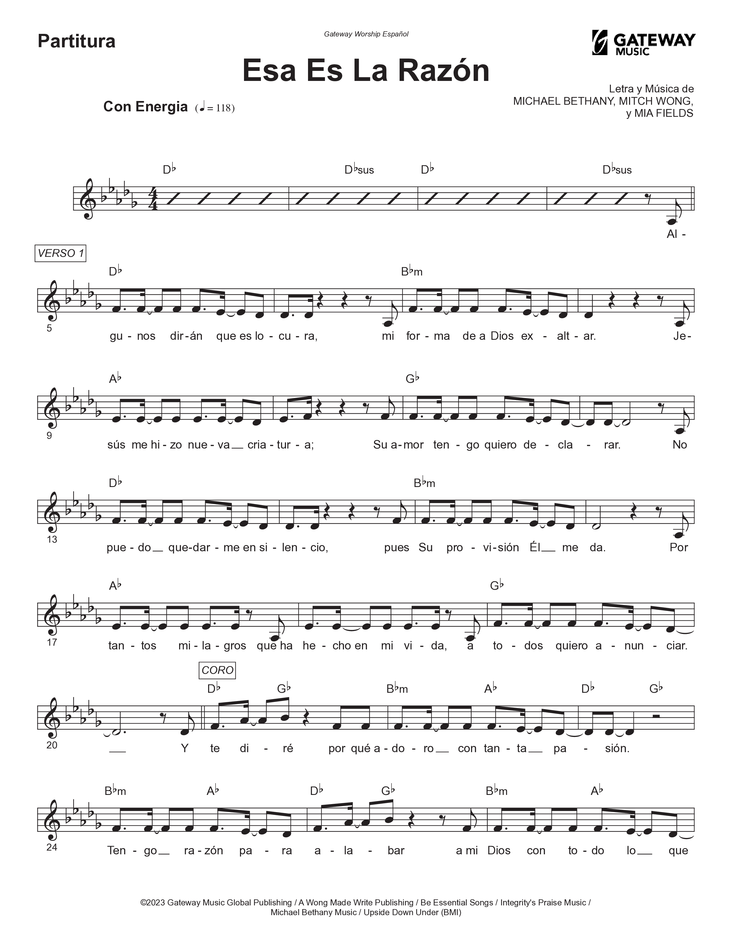 Esa Es La Razón Lead Sheet Melody (Gateway Worship Español / Christine D'Clario / Miel San Marcos)