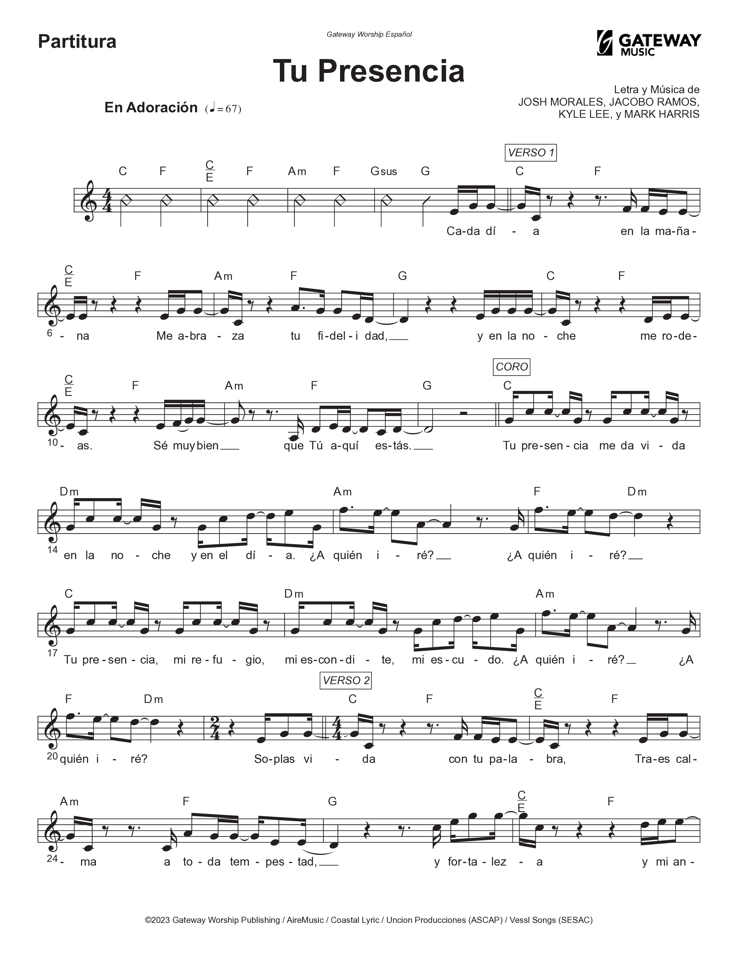 Tu Presencia Lead Sheet Melody (Gateway Worship Español / Josh Morales)
