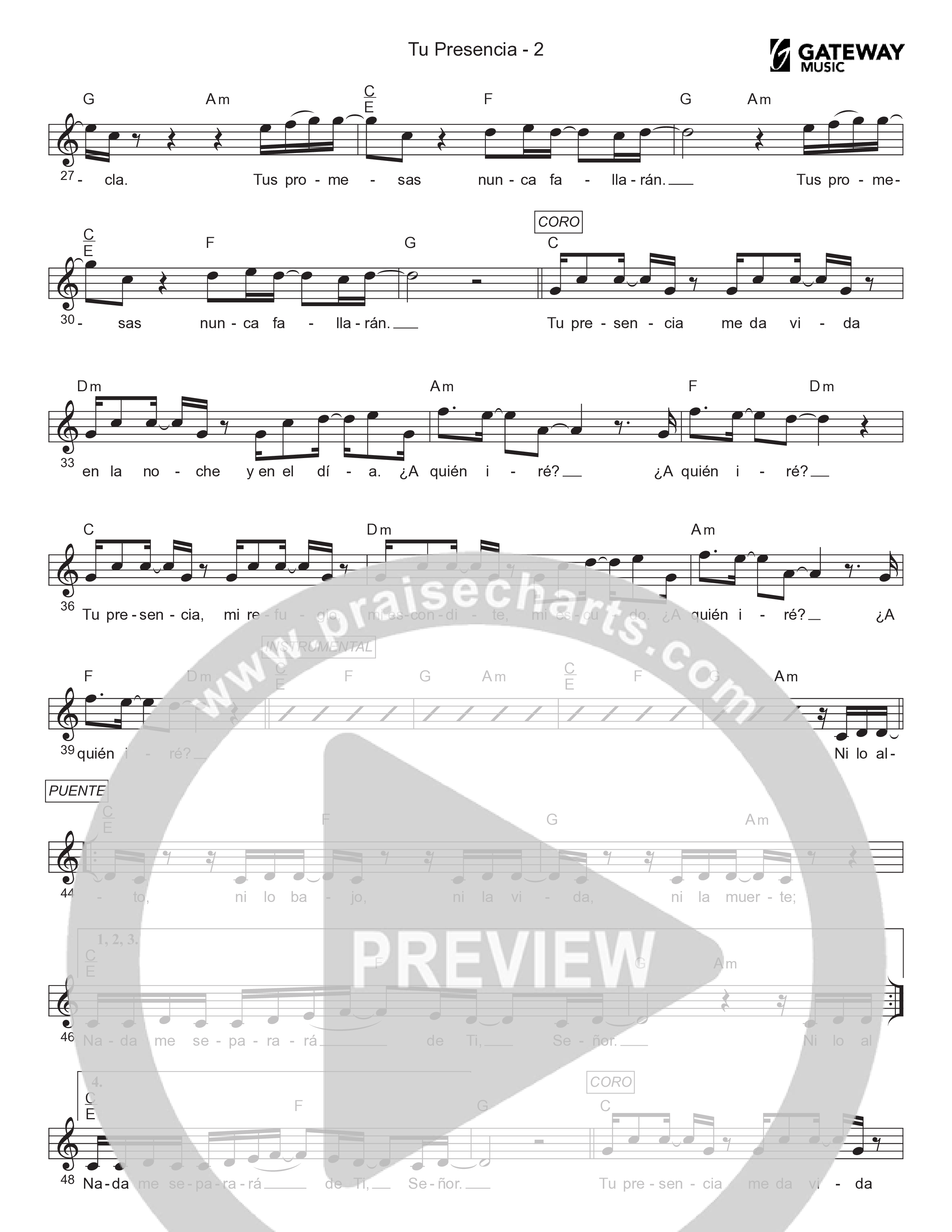 Tu Presencia Lead Sheet Melody (Gateway Worship Español / Josh Morales)