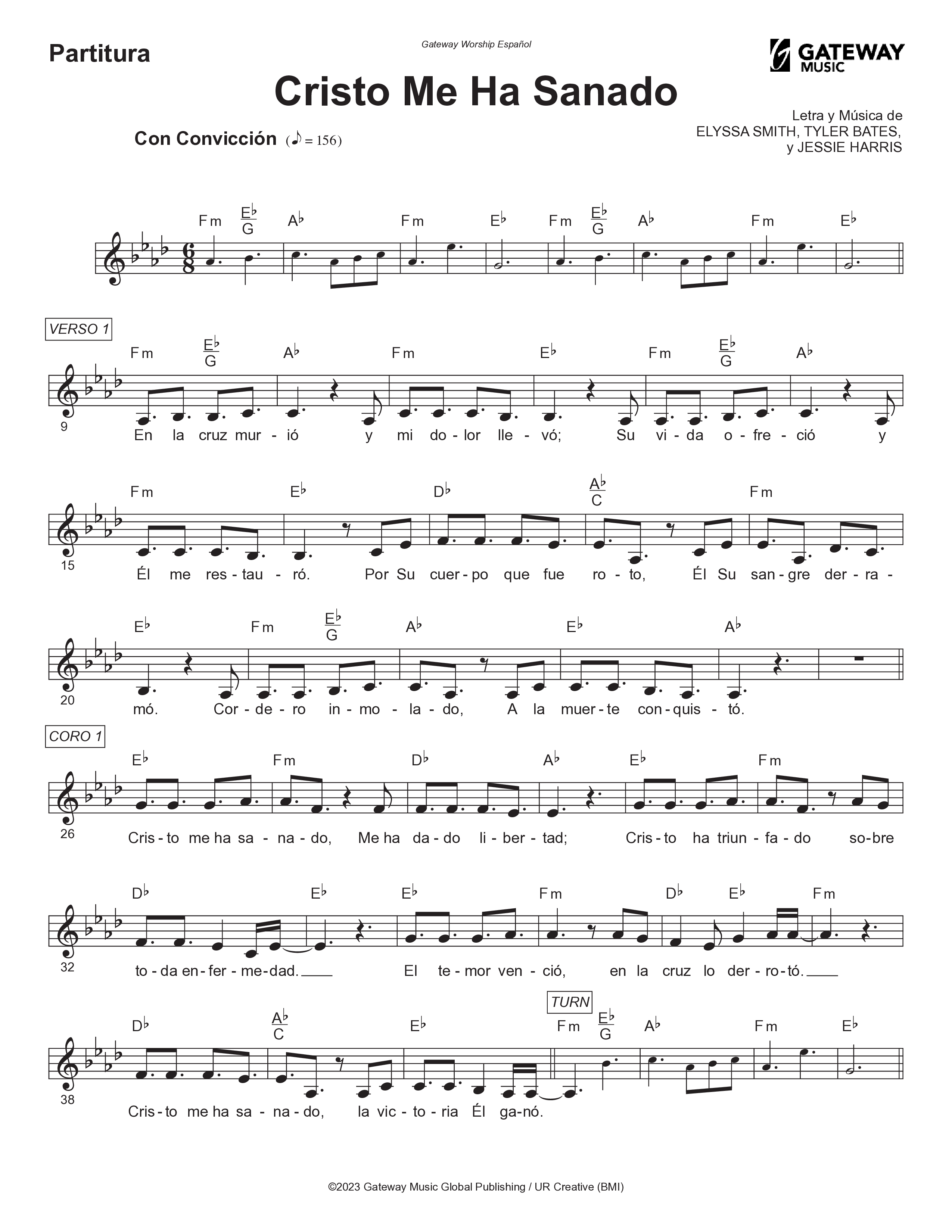 Cristo Me Ha Sanado Lead Sheet Melody (Gateway Worship Español / Becky Collazos)