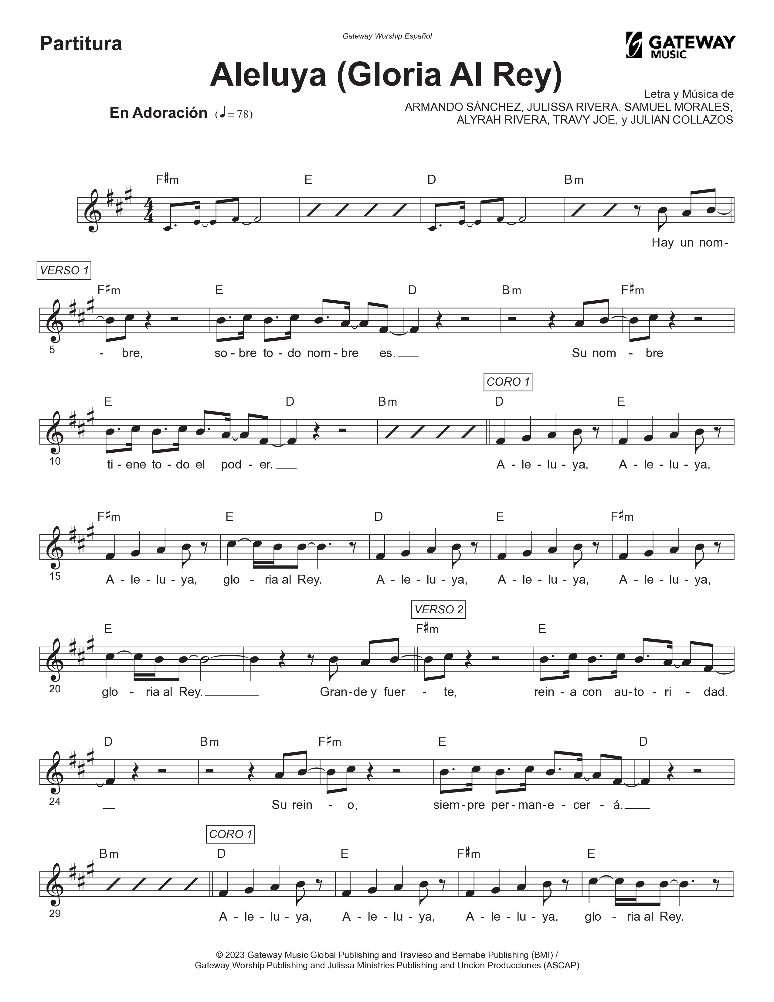 Aleluya (Gloria al Rey) Lead Sheet Melody (Gateway Worship Español / Christine D'Clario / Armando Sanchez / Travy Joe)