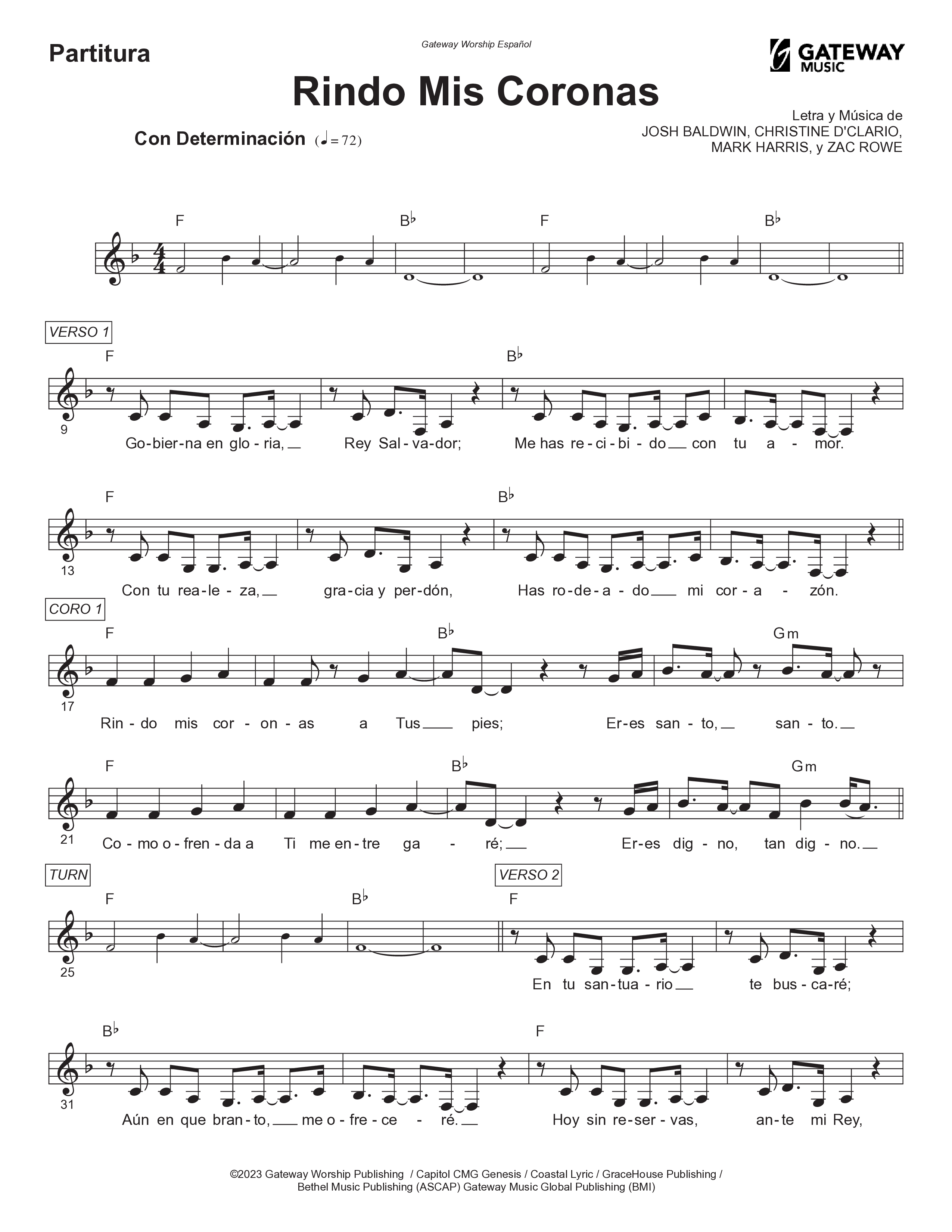 Rindo Mis Coronas Lead Sheet Melody (Gateway Worship Español / Christine D'Clario)