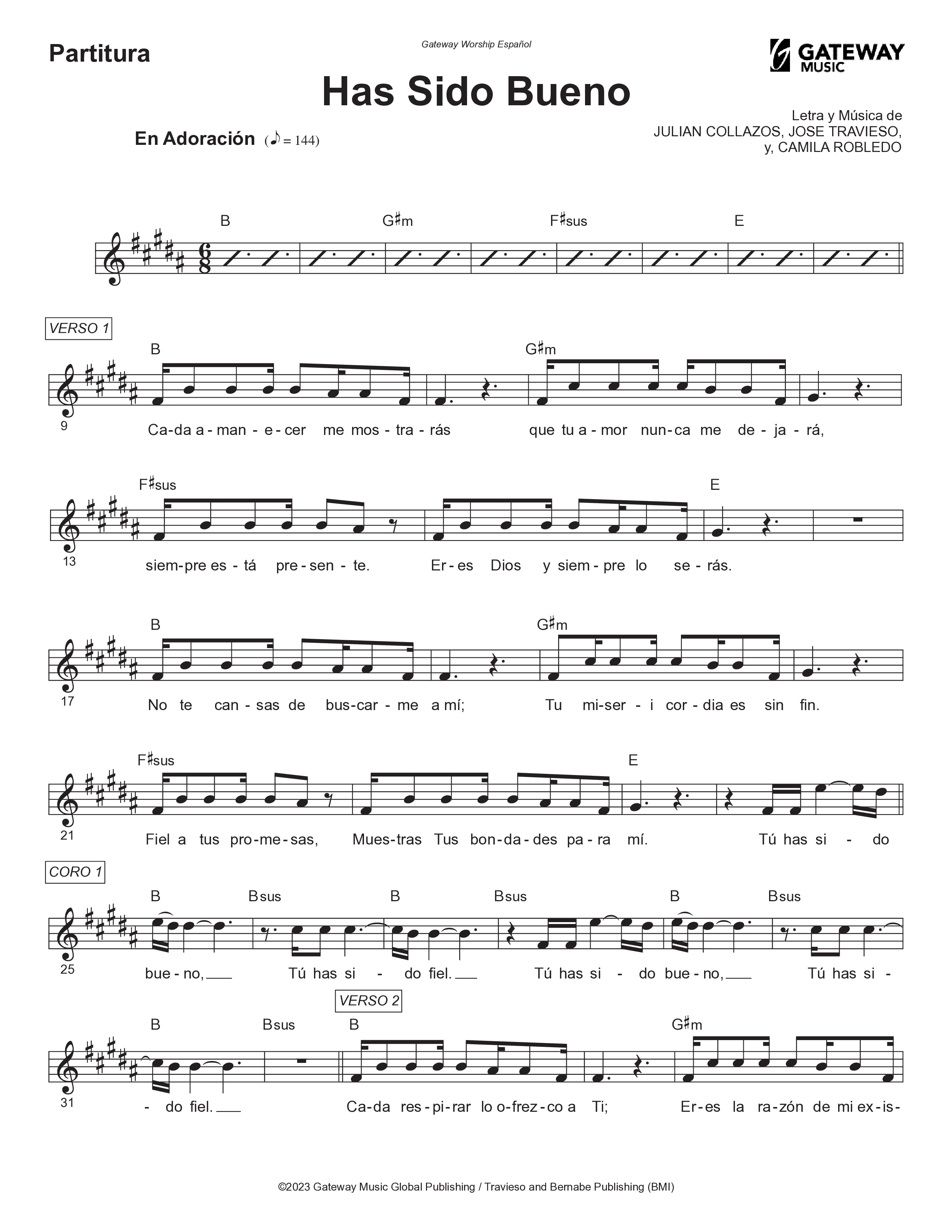 Has Sido Bueno Lead Sheet Melody (Gateway Worship Español / Armando Sanchez)