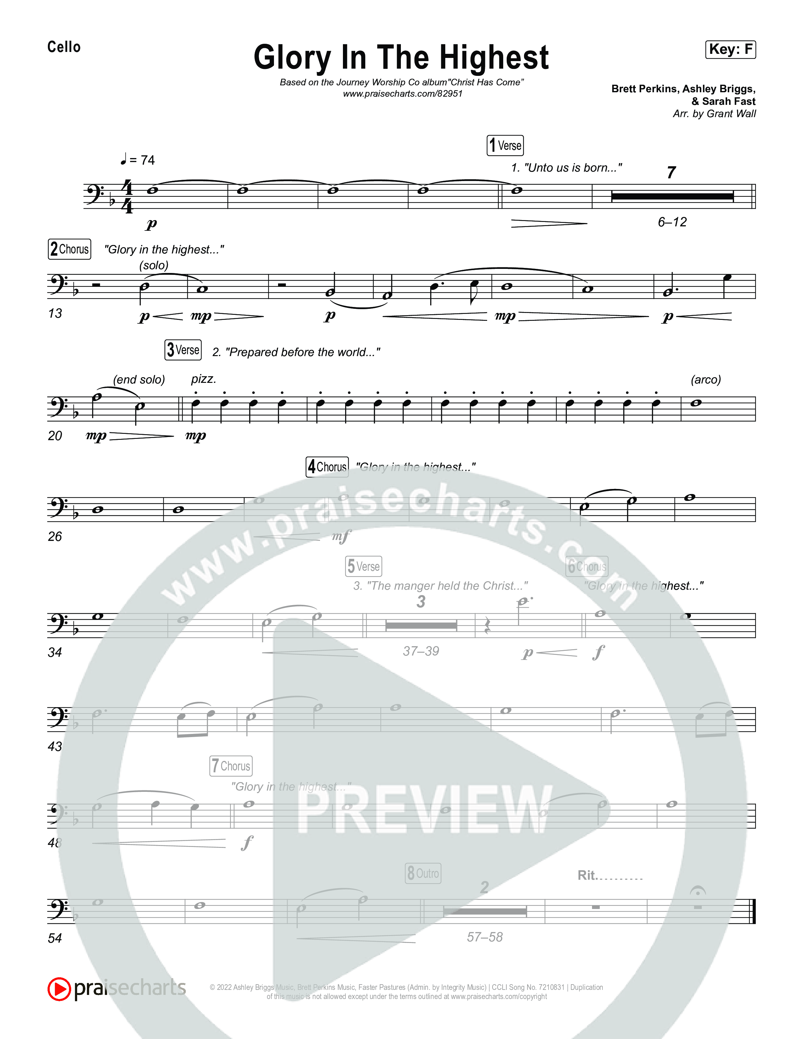 Glory In The Highest Cello (Journey Worship Co)