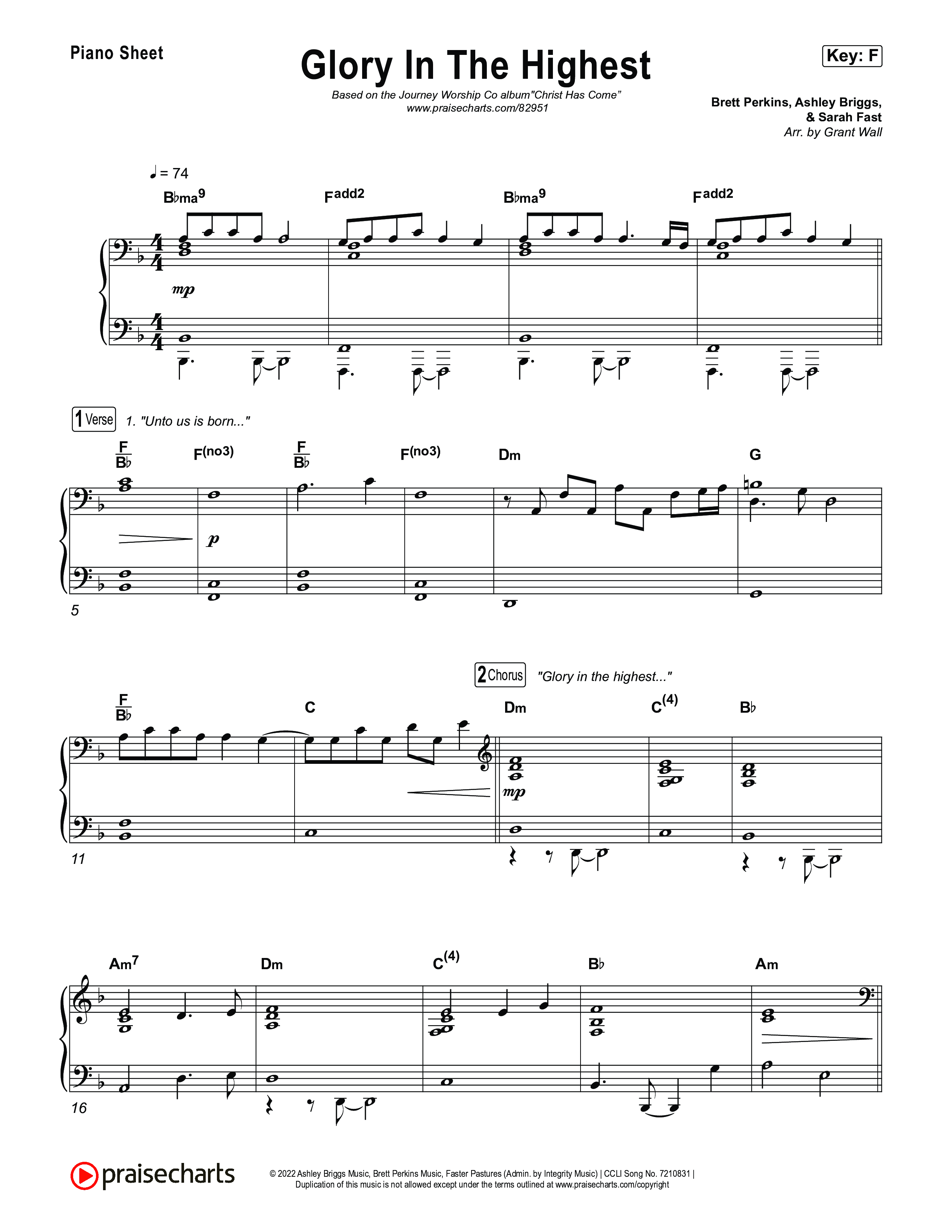 Glory In The Highest Piano Sheet (Journey Worship Co)