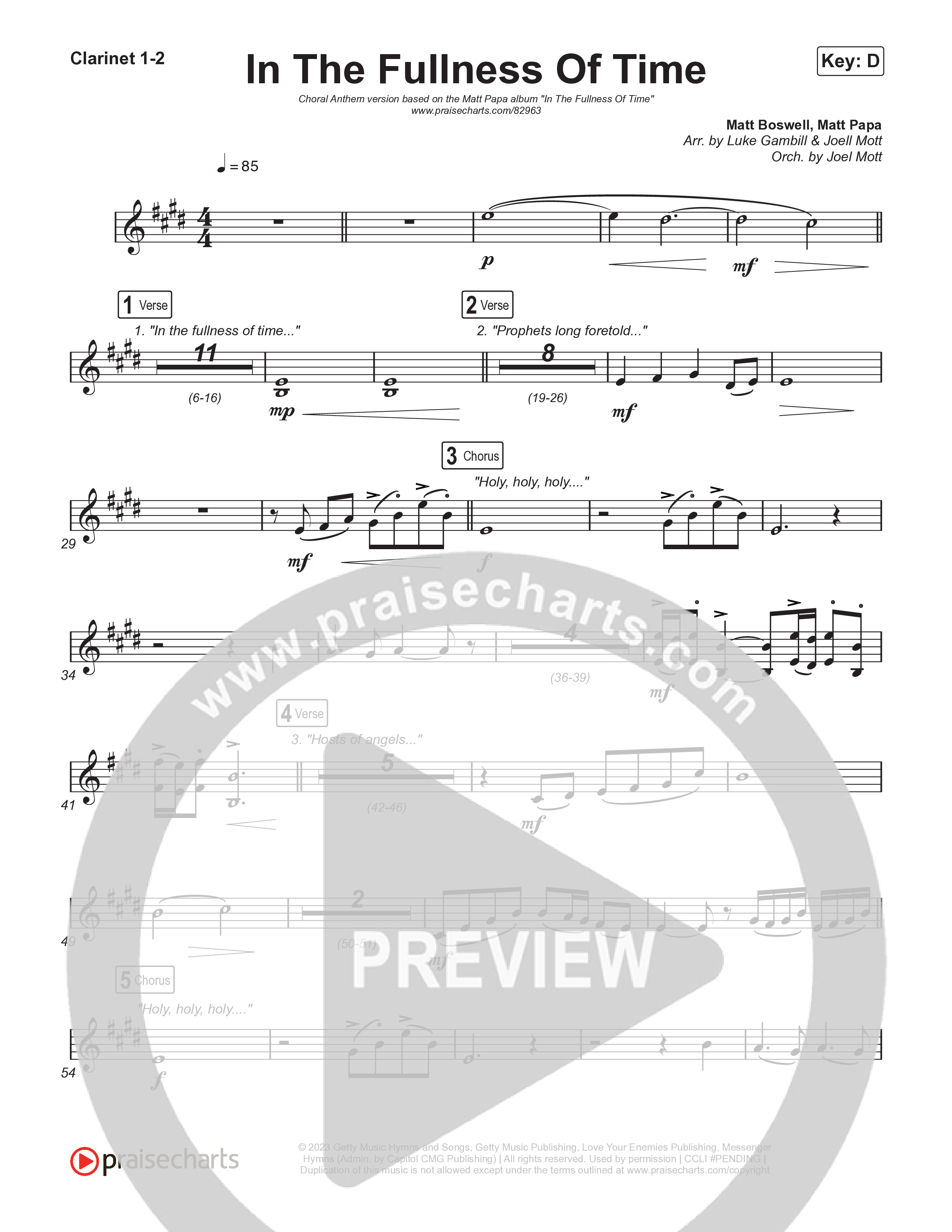 In The Fullness Of Time (Choral Anthem SATB) Clarinet 1,2 (Matt Papa / Matt Boswell / Arr. Luke Gambill)
