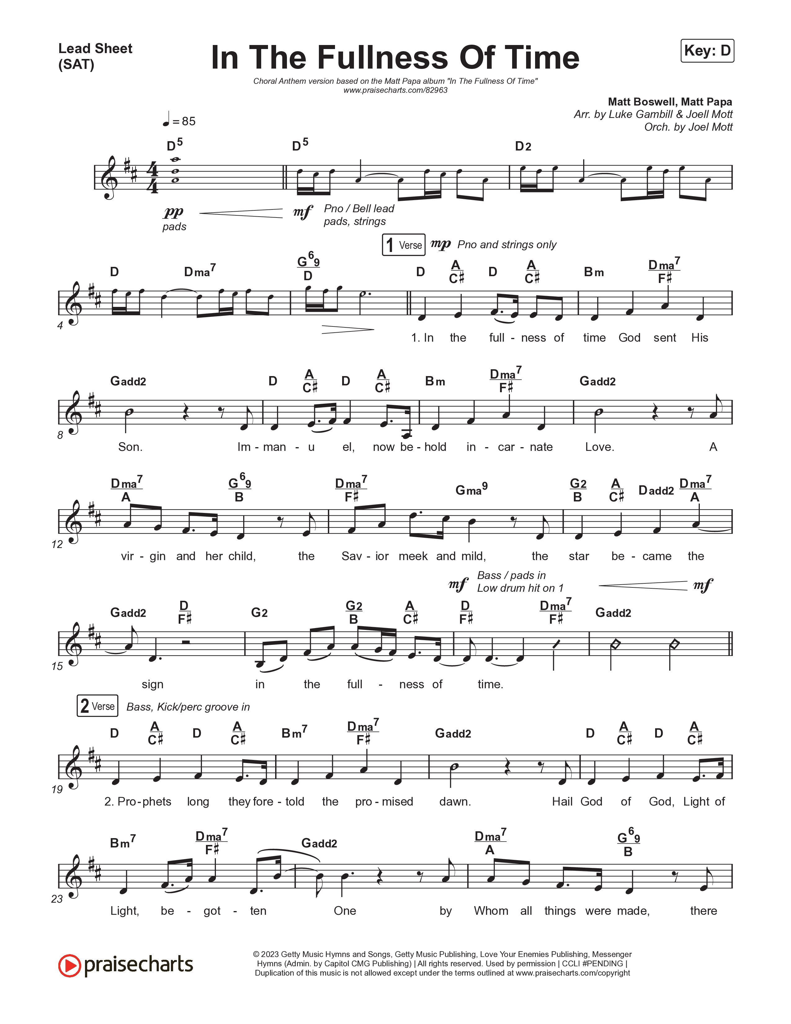 In The Fullness Of Time (Choral Anthem SATB) Lead Sheet (SAT) (Matt Papa / Matt Boswell / Arr. Luke Gambill)