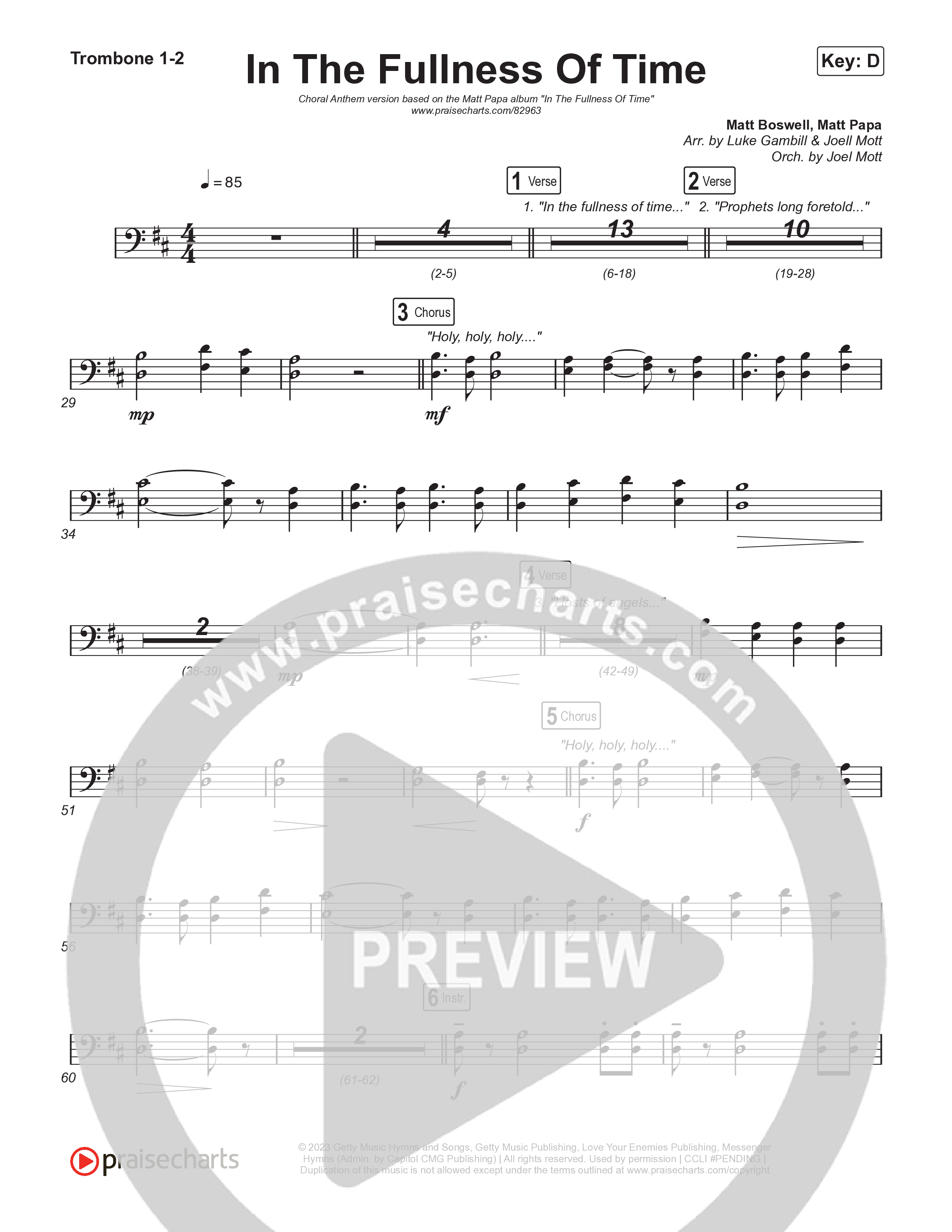 In The Fullness Of Time (Choral Anthem SATB) Trombone 1/2 (Matt Papa / Matt Boswell / Arr. Luke Gambill)
