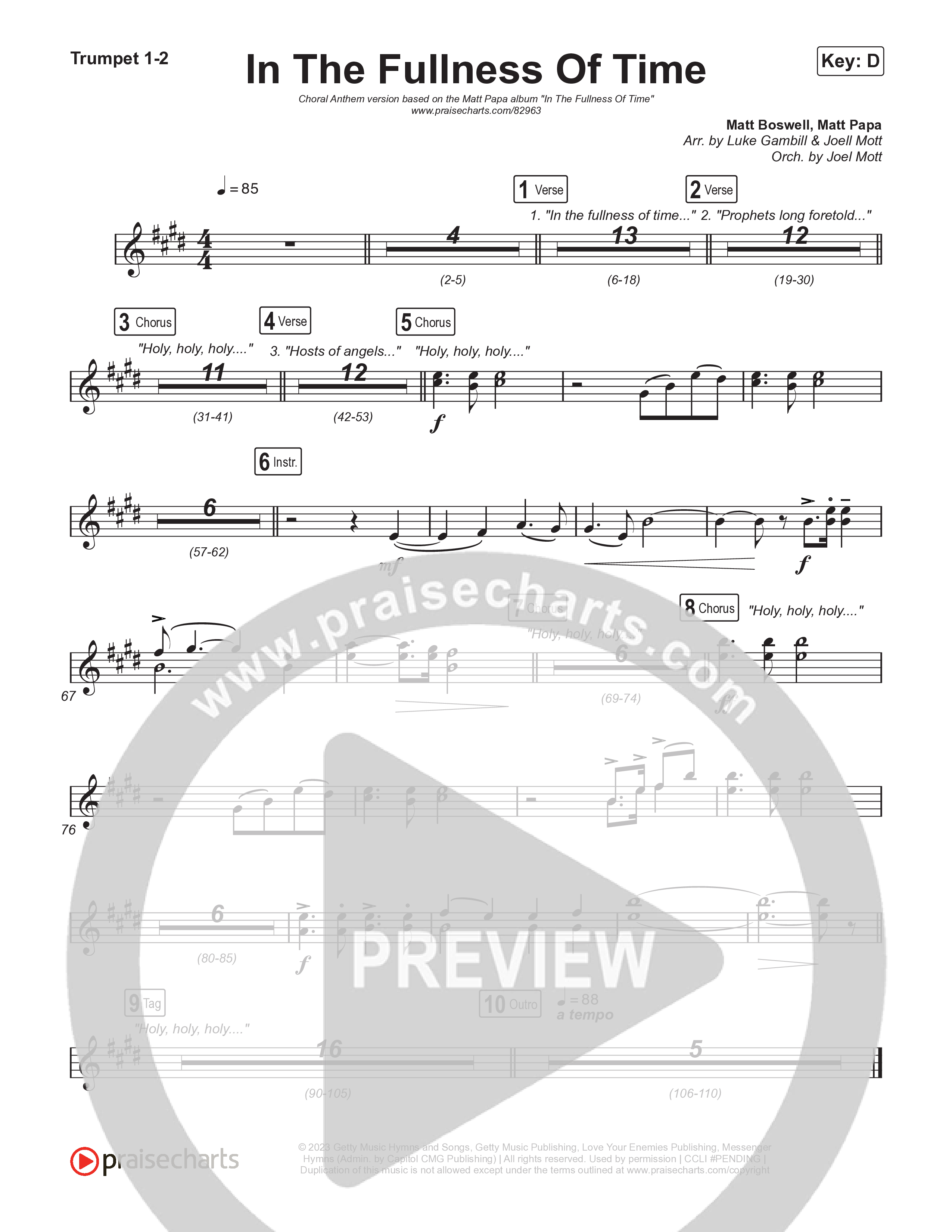 In The Fullness Of Time (Choral Anthem SATB) Trumpet 1,2 (Matt Papa / Matt Boswell / Arr. Luke Gambill)