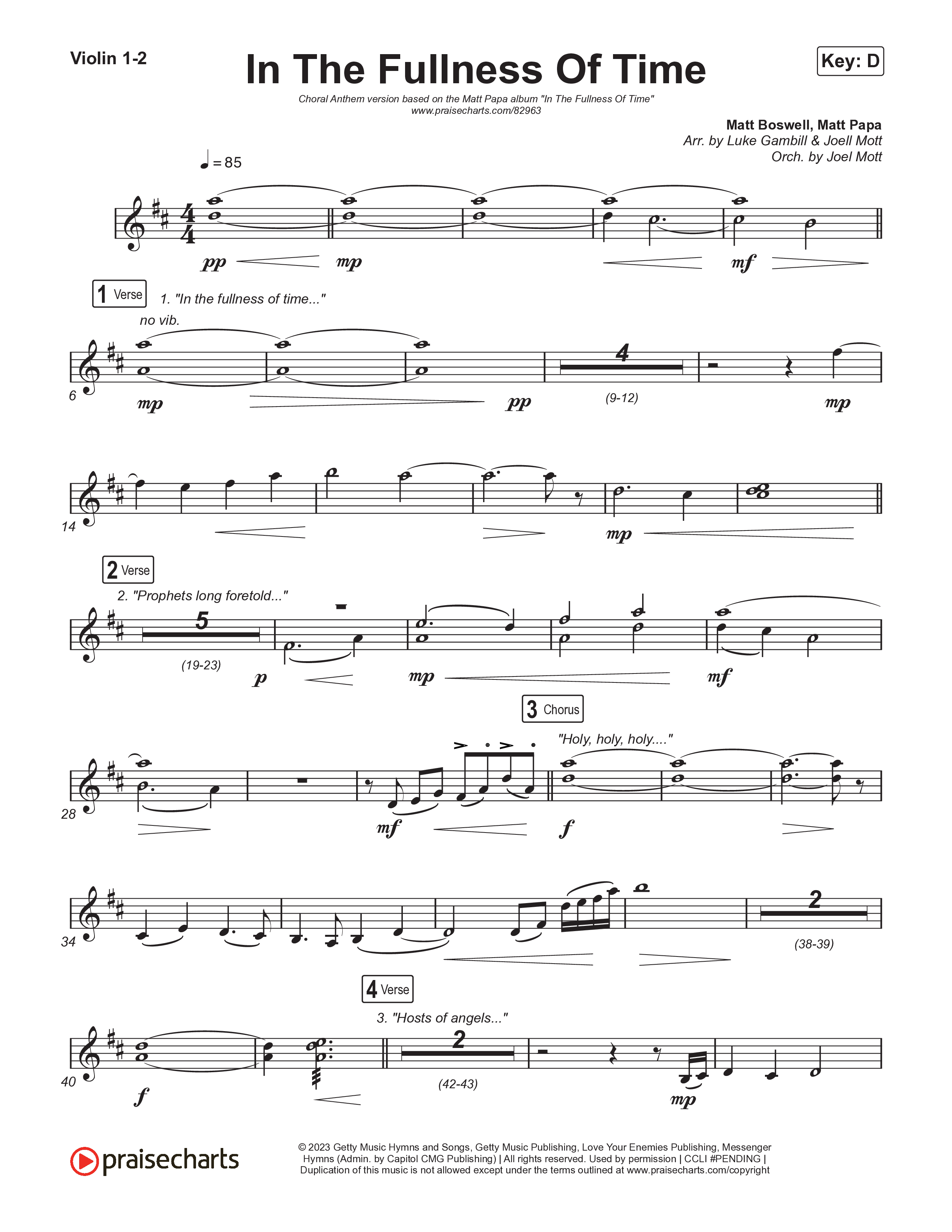 In The Fullness Of Time (Choral Anthem SATB) Violin 1,2 (Matt Papa / Matt Boswell / Arr. Luke Gambill)