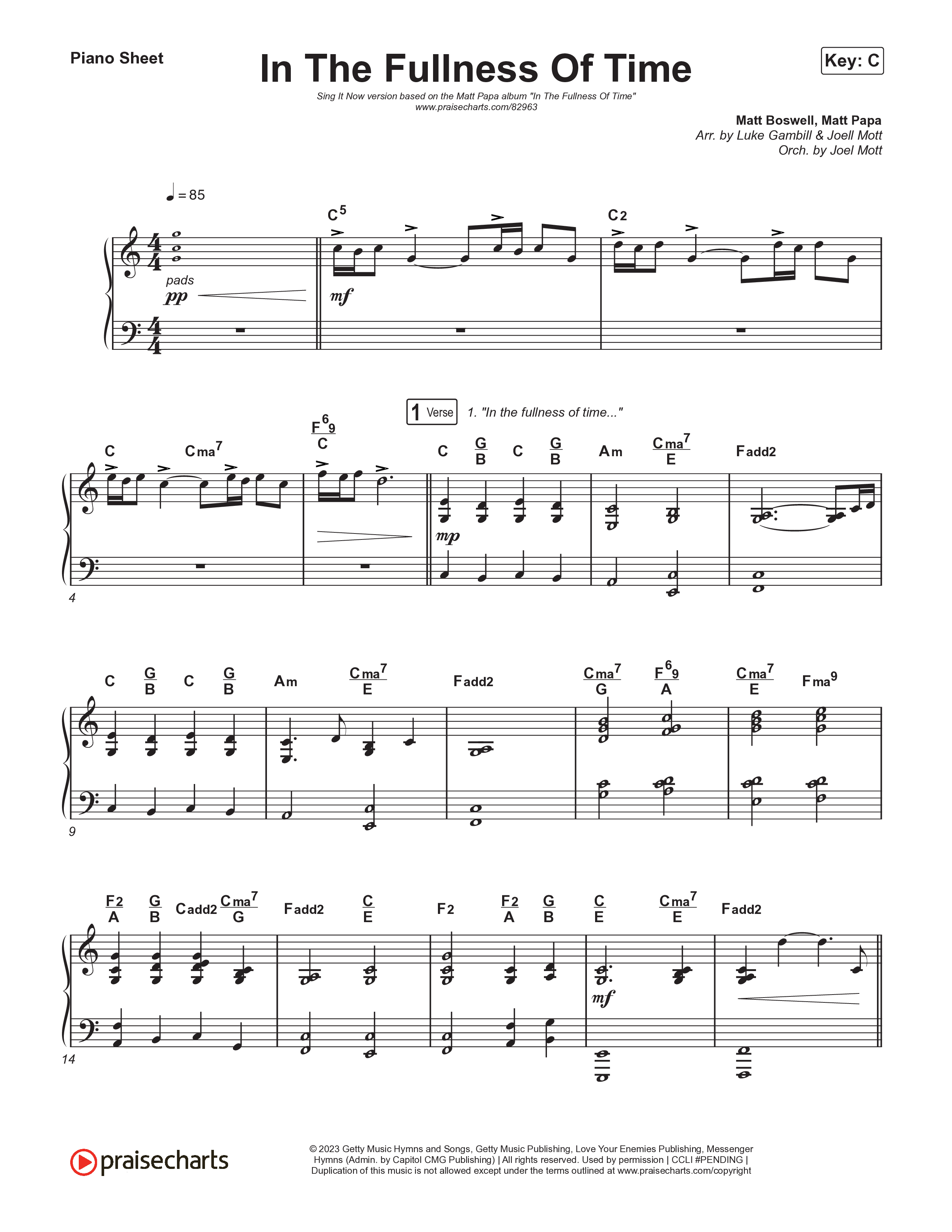 In The Fullness Of Time (Sing It Now) Piano Sheet (Matt Papa / Matt Boswell / Arr. Luke Gambill)