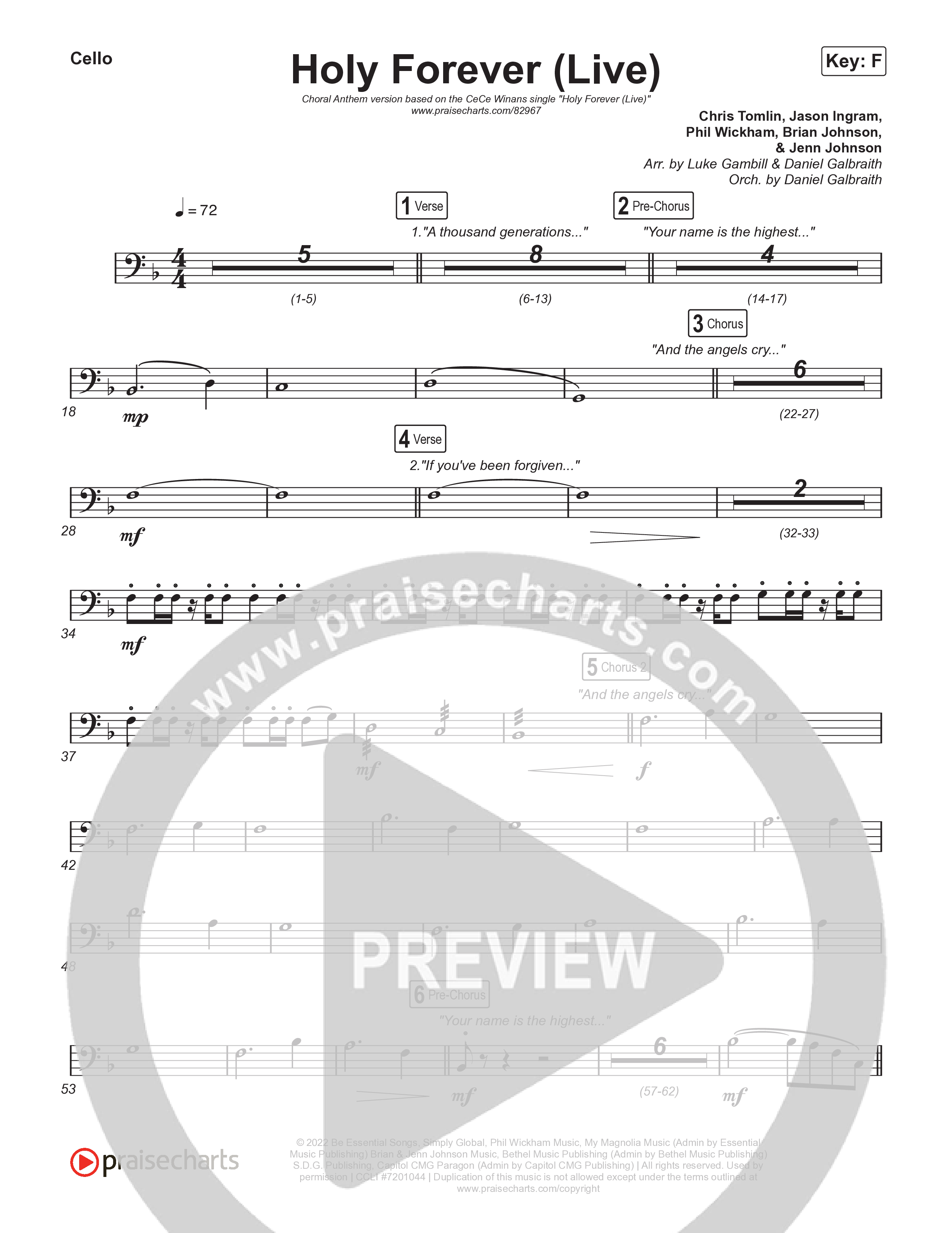 Holy Forever (Choral Anthem SATB) Cello (CeCe Winans / Arr. Luke Gambill)
