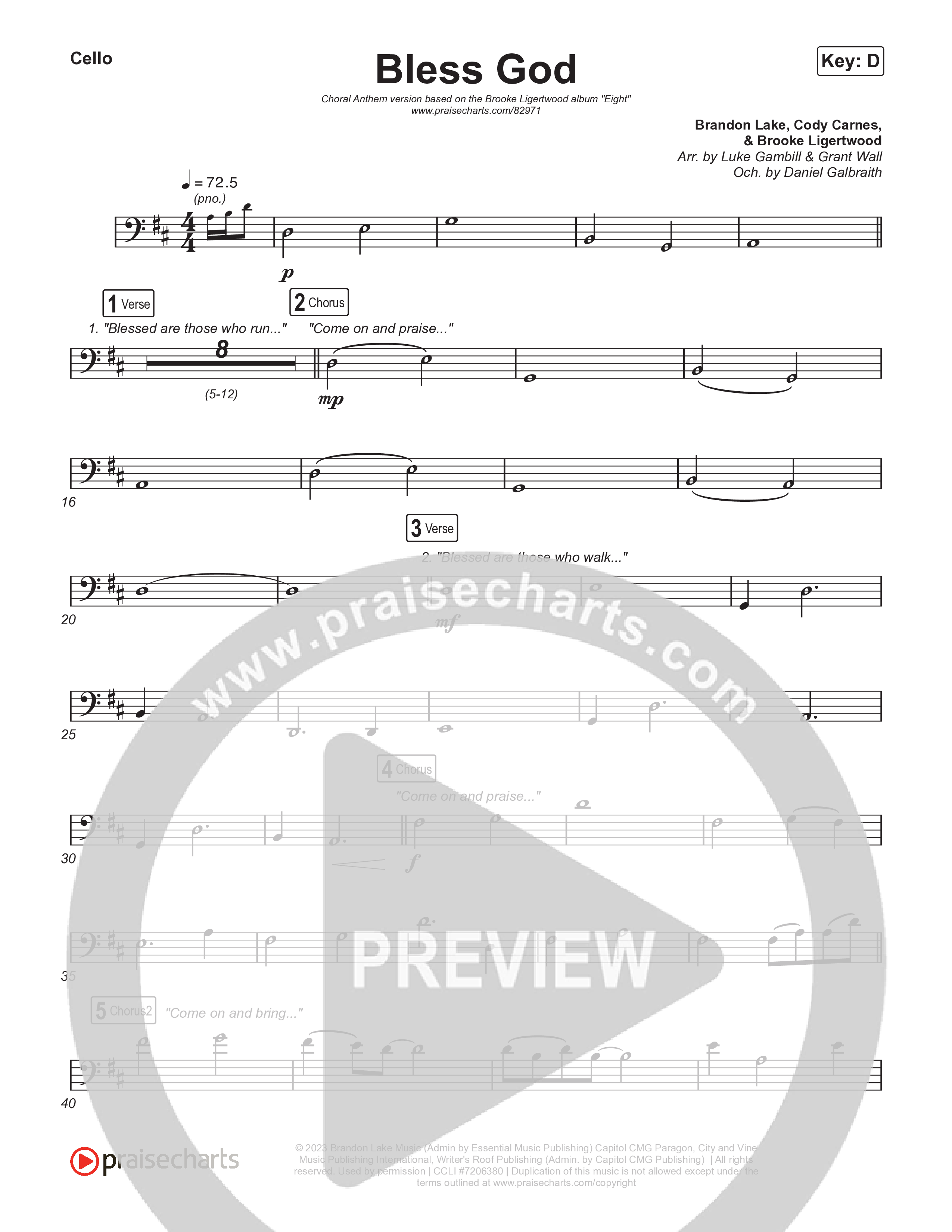Bless God (Choral Anthem SATB) Cello (Brooke Ligertwood / Arr. Luke Gambill)