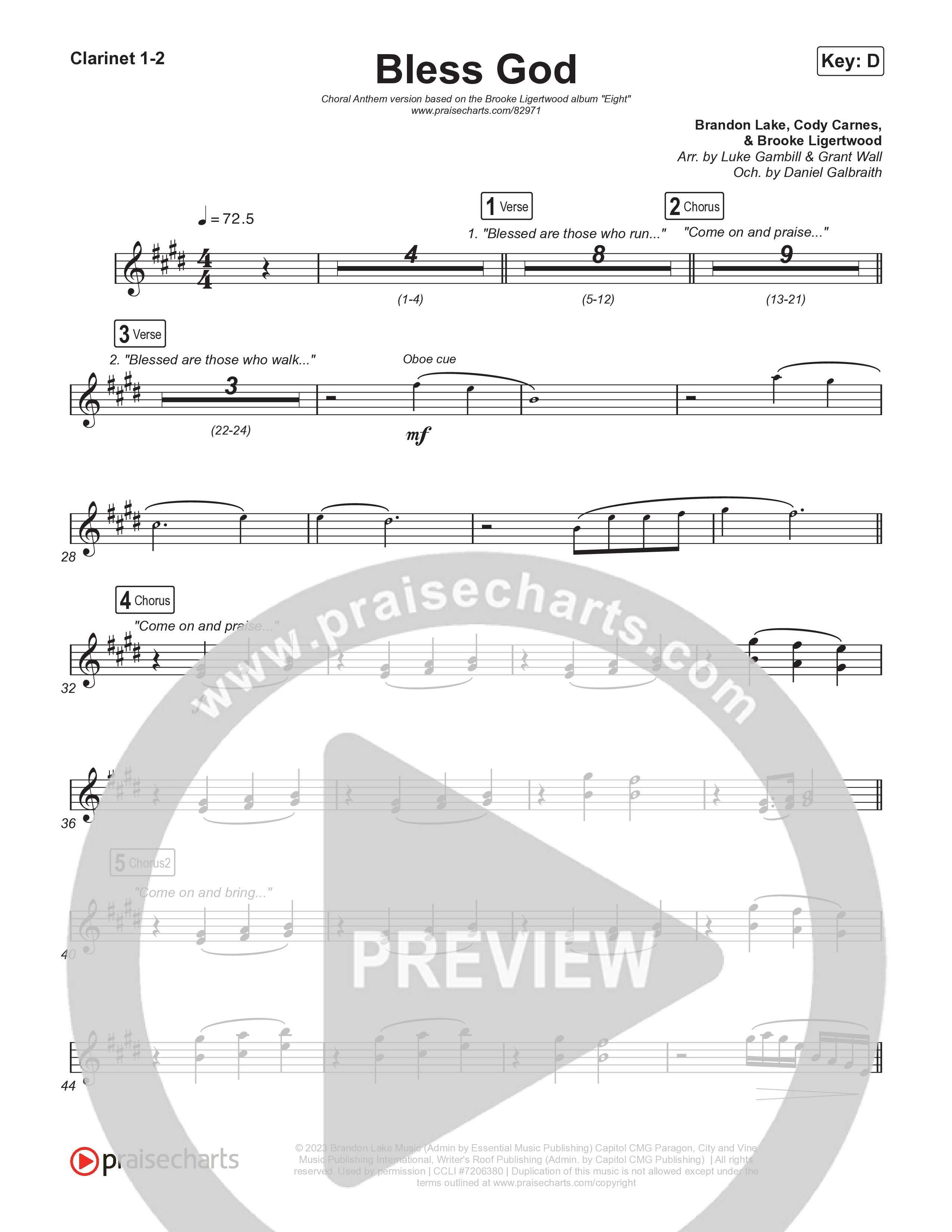 Bless God (Choral Anthem SATB) Clarinet 1/2 (Brooke Ligertwood / Arr. Luke Gambill)