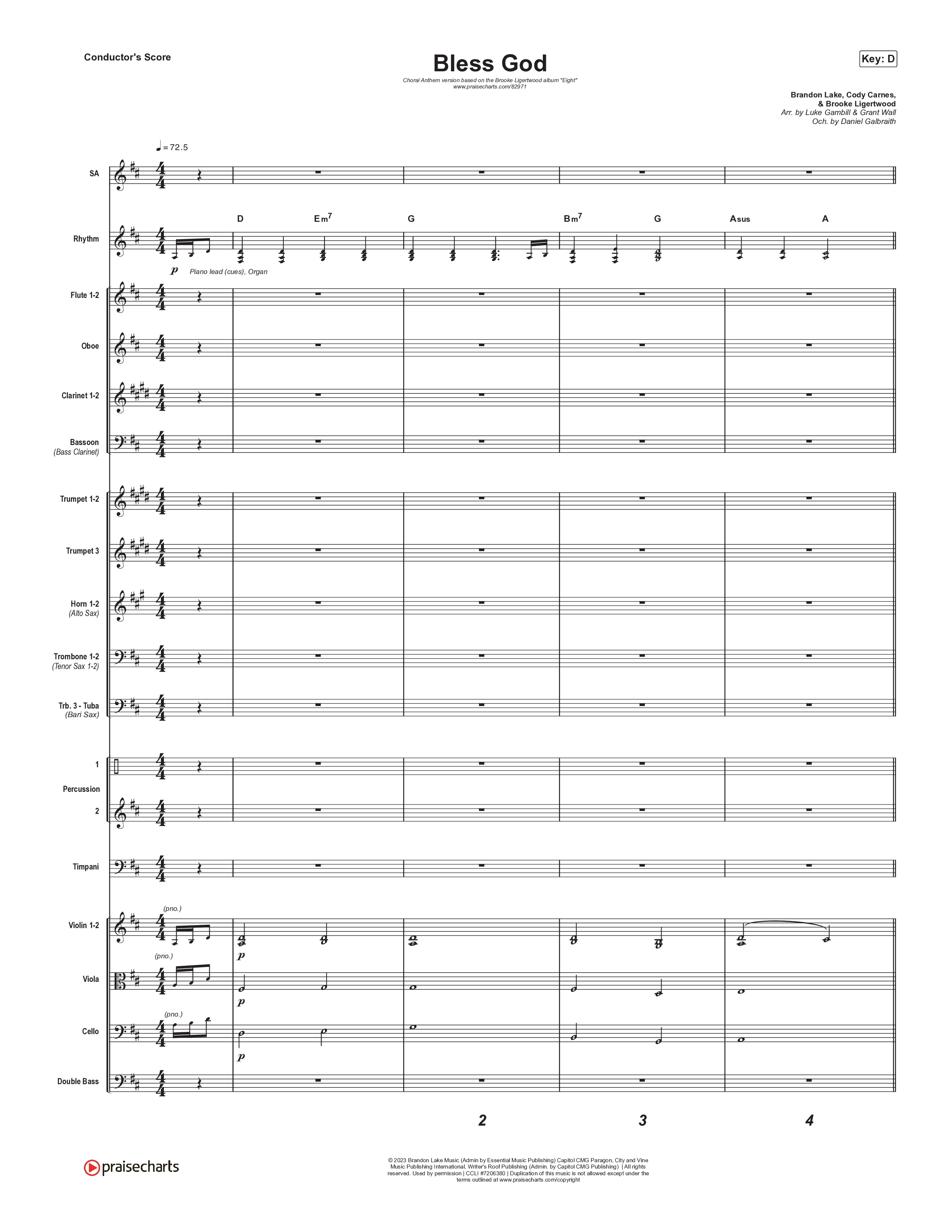 Bless God (Choral Anthem SATB) Orchestration (Brooke Ligertwood / Arr. Luke Gambill)