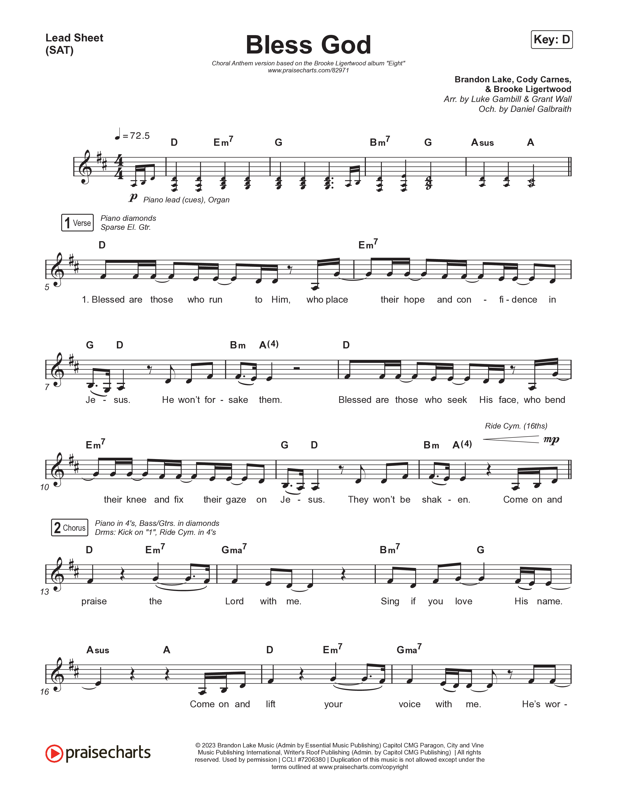 Bless God (Choral Anthem SATB) Lead Sheet (SAT) (Brooke Ligertwood / Arr. Luke Gambill)