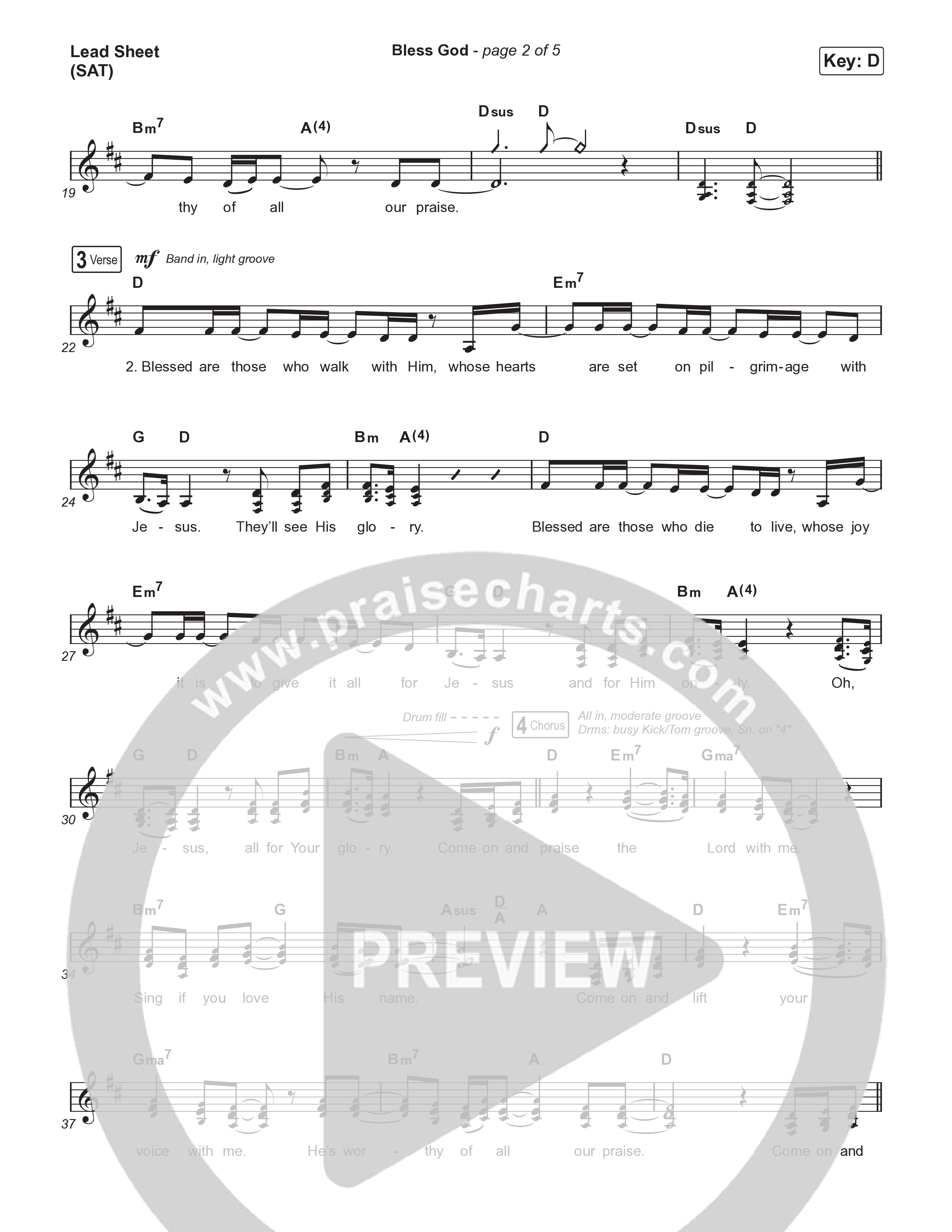 Bless God (Choral Anthem SATB) Lead Sheet (SAT) (Brooke Ligertwood / Arr. Luke Gambill)
