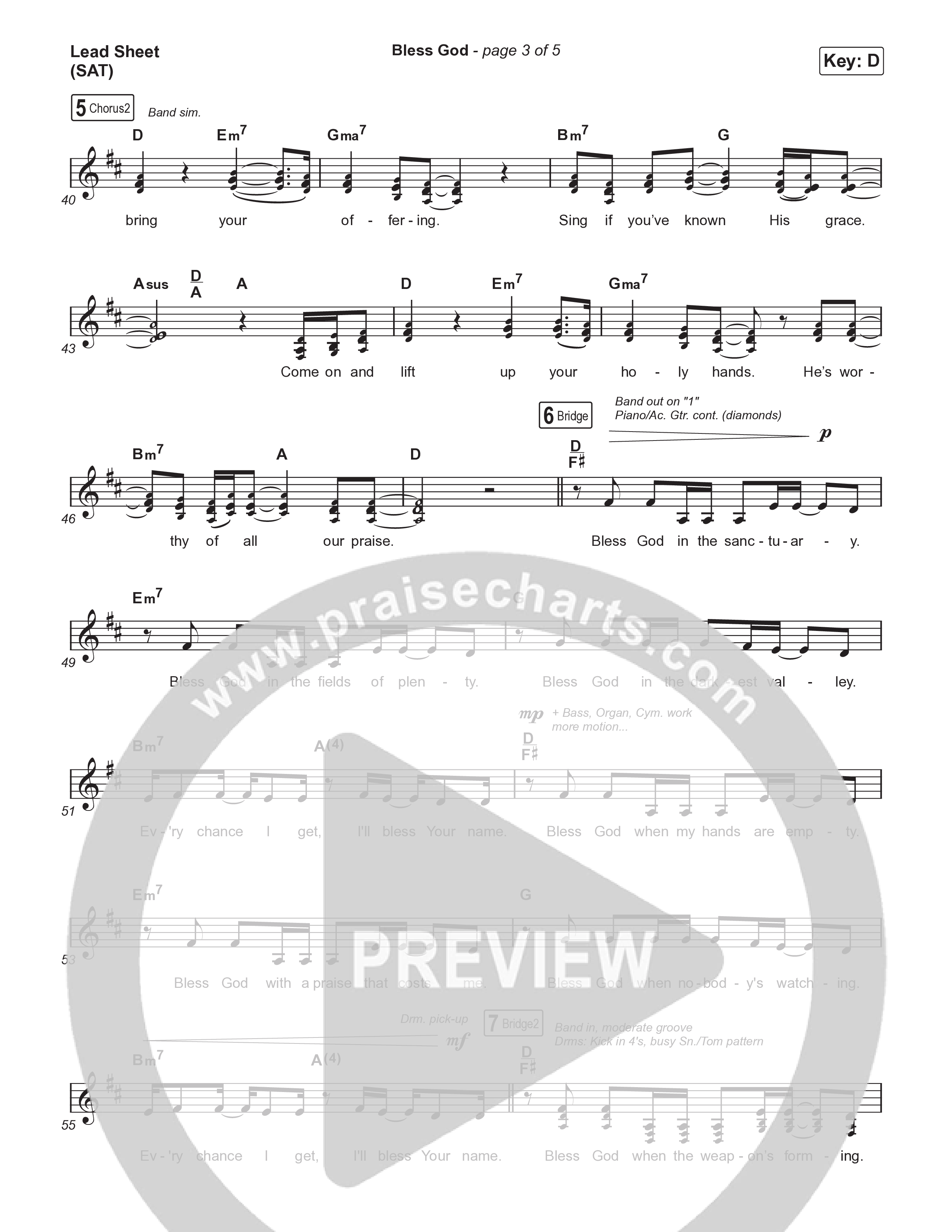 Bless God (Choral Anthem SATB) Lead Sheet (SAT) (Brooke Ligertwood / Arr. Luke Gambill)