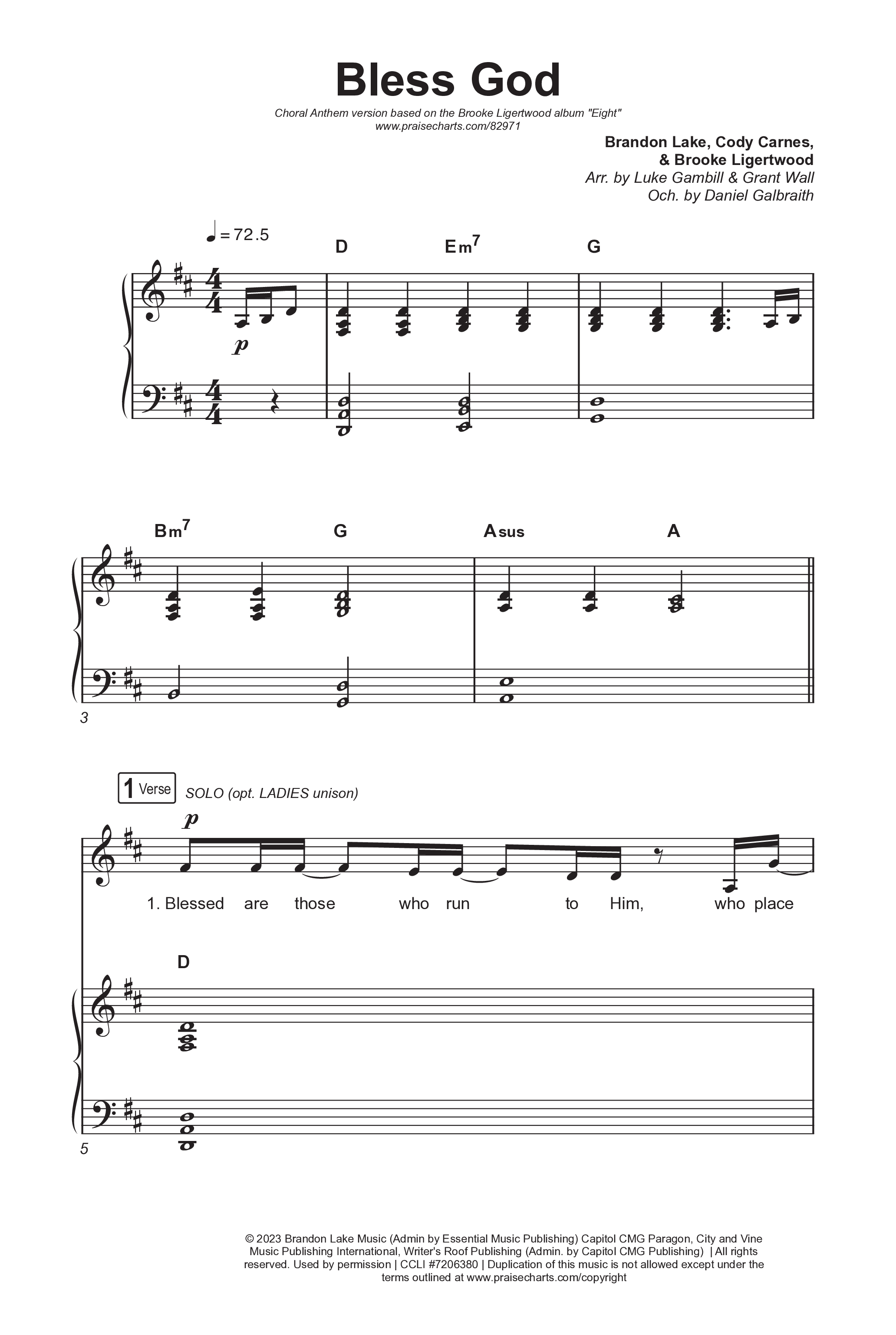 Bless God (Choral Anthem SATB) Octavo (SATB & Pno) (Brooke Ligertwood / Arr. Luke Gambill)