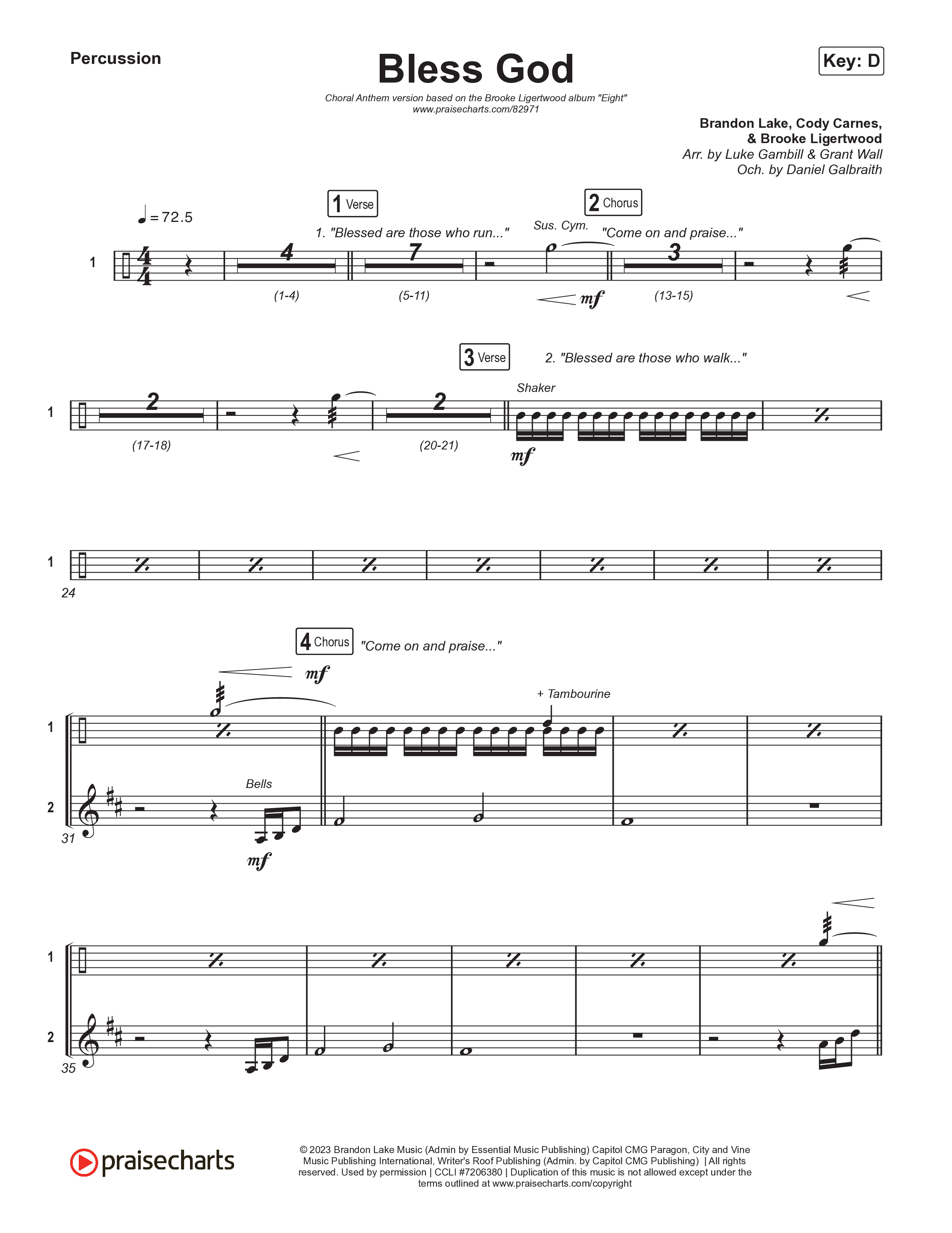 Bless God (Choral Anthem SATB) Percussion (Brooke Ligertwood / Arr. Luke Gambill)