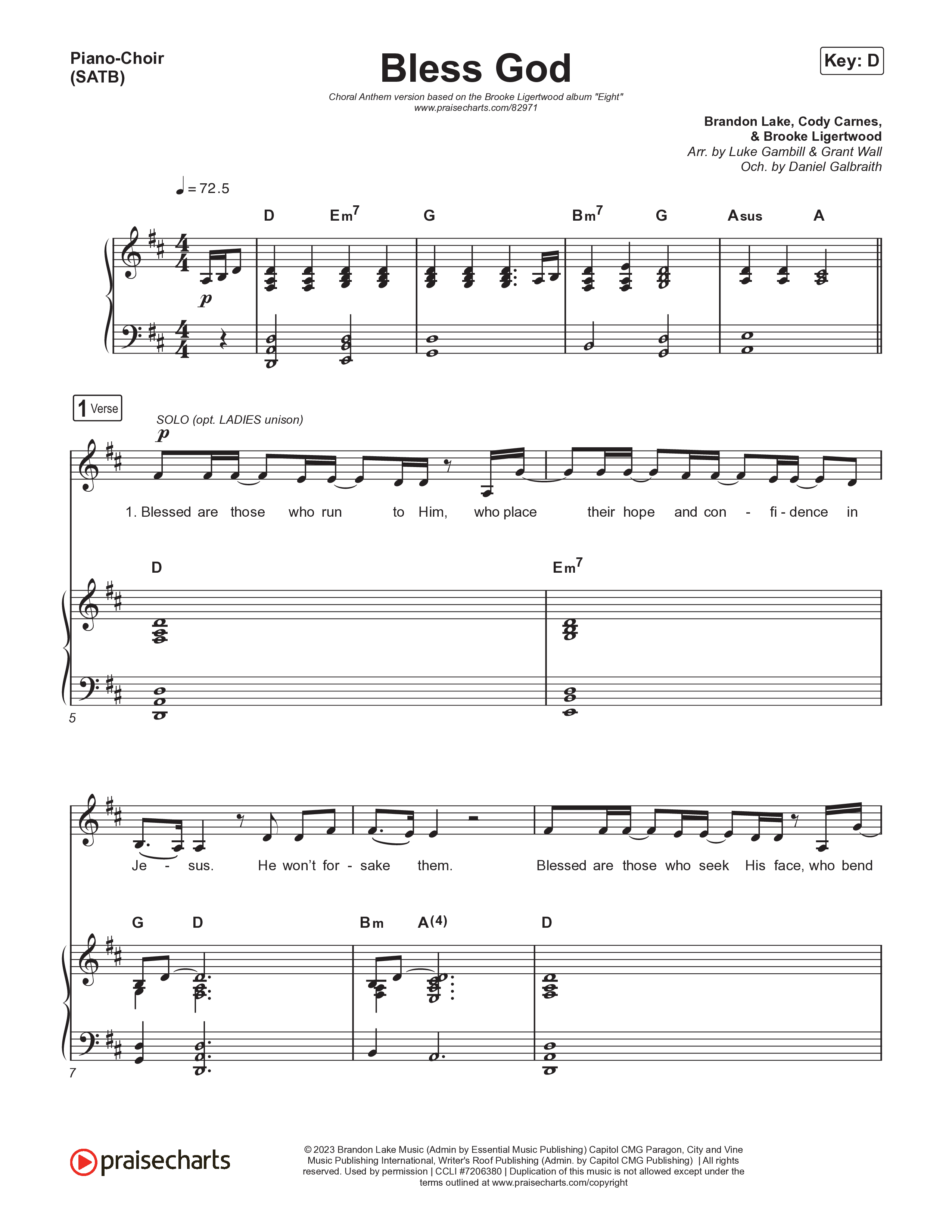 Bless God (Choral Anthem SATB) Piano/Vocal (SATB) (Brooke Ligertwood / Arr. Luke Gambill)