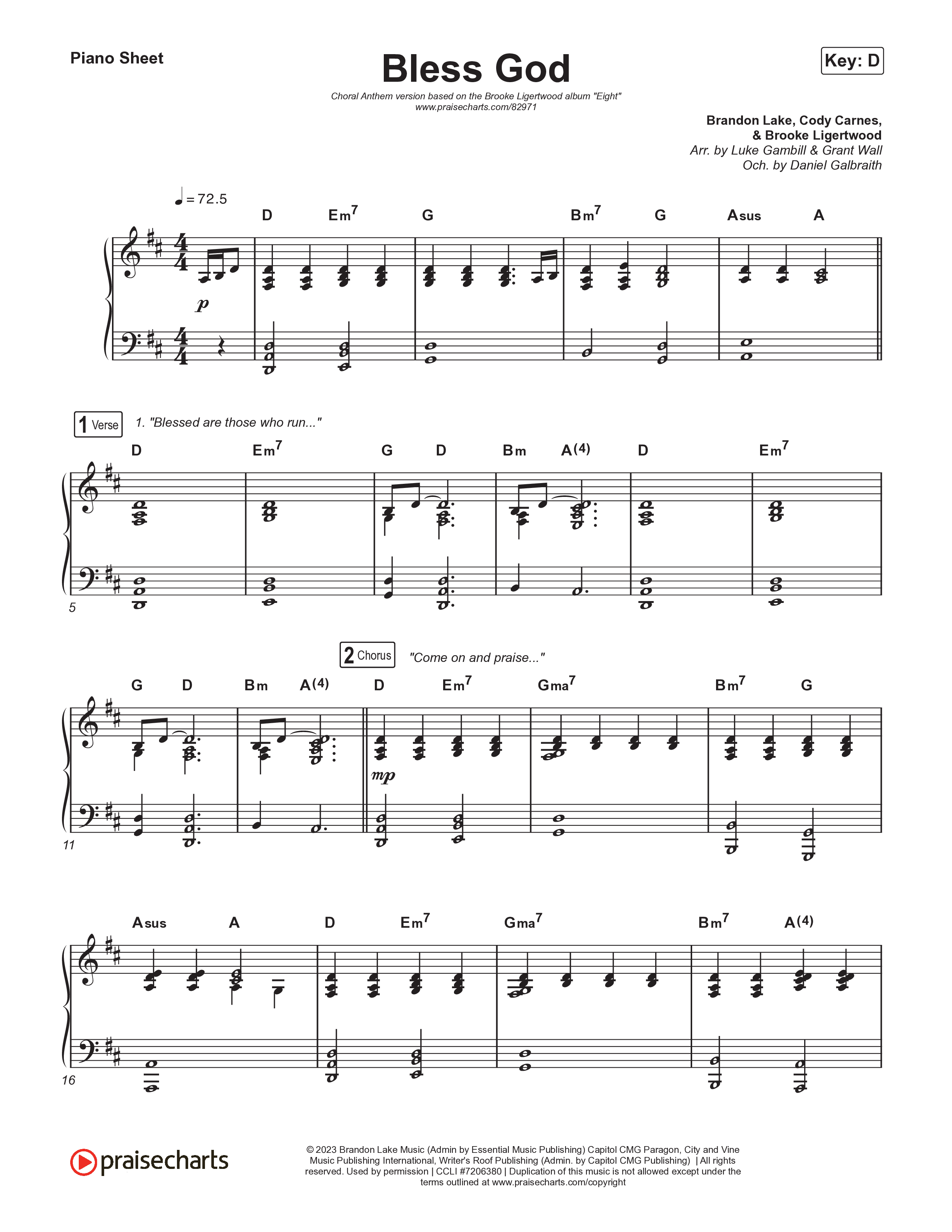 Bless God (Choral Anthem SATB) Piano Sheet (Brooke Ligertwood / Arr. Luke Gambill)