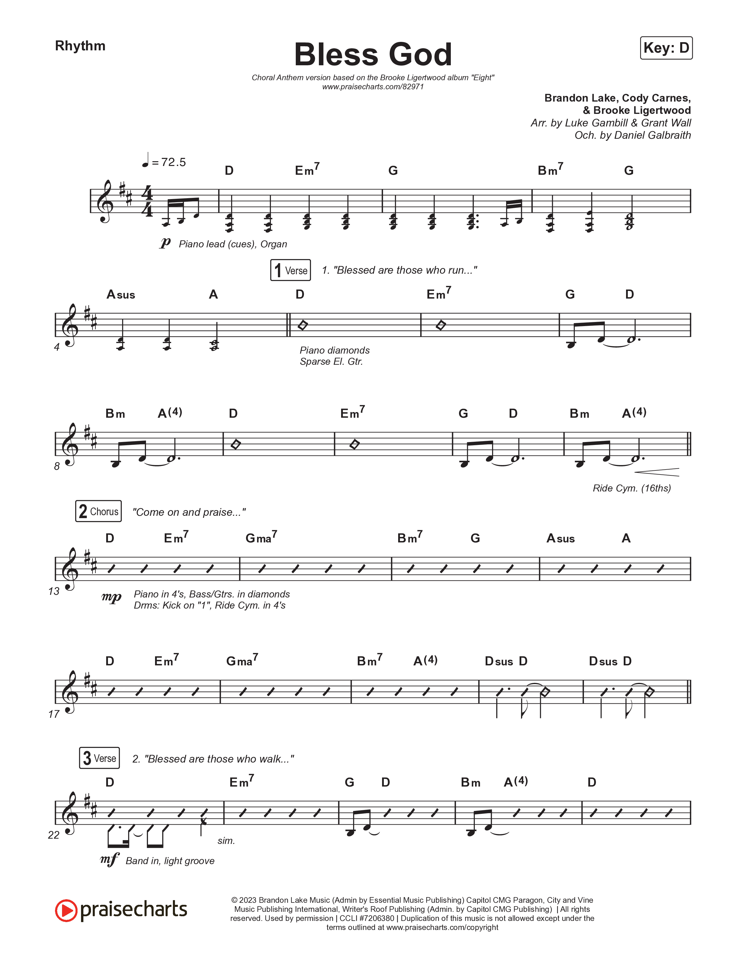 Bless God (Choral Anthem SATB) Rhythm Chart (Brooke Ligertwood / Arr. Luke Gambill)