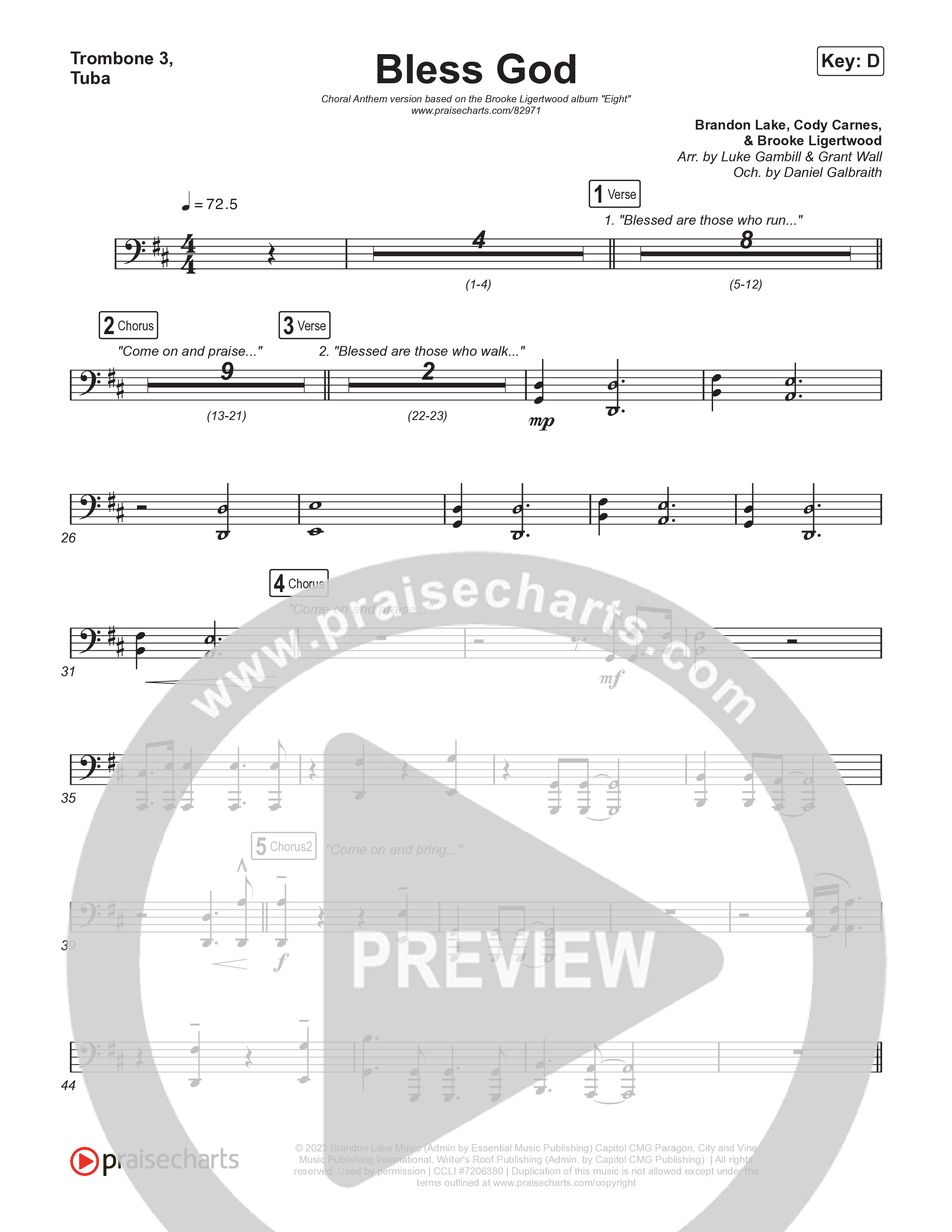 Bless God (Choral Anthem SATB) Trombone 1,2 (Brooke Ligertwood / Arr. Luke Gambill)