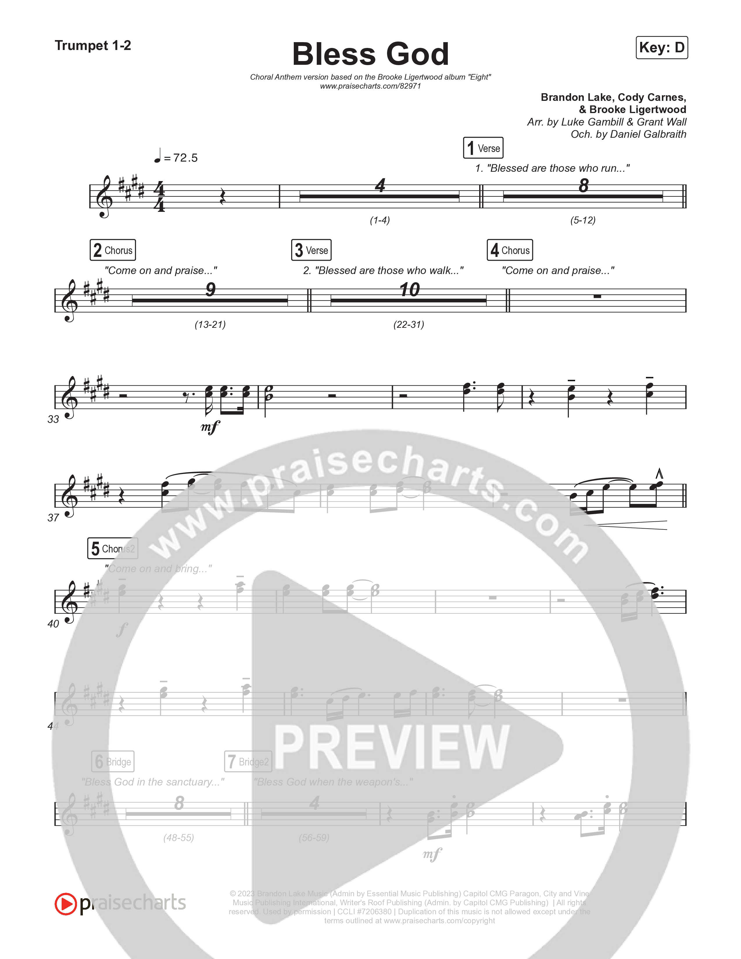 Bless God (Choral Anthem SATB) Trumpet 1,2 (Brooke Ligertwood / Arr. Luke Gambill)