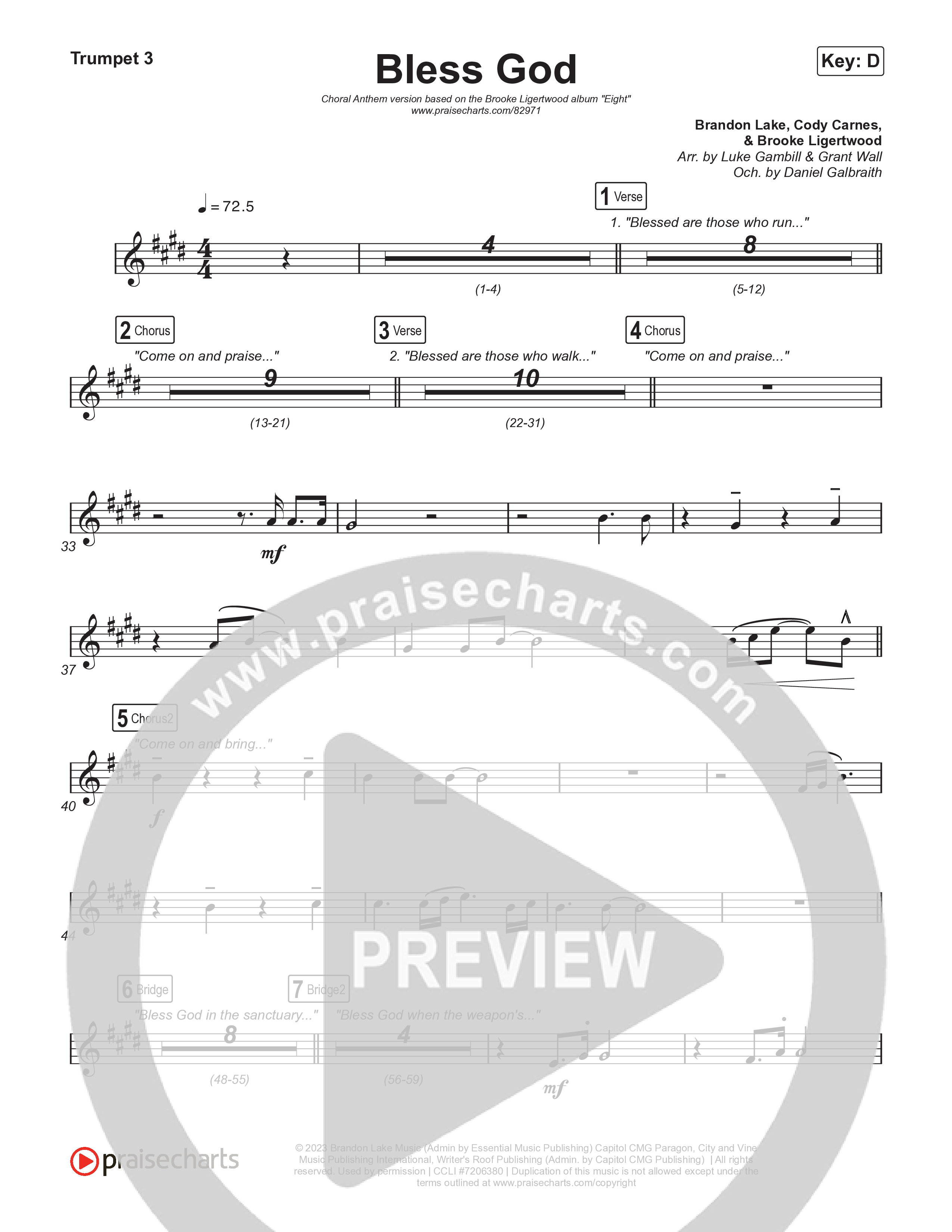 Bless God (Choral Anthem SATB) Trumpet 1,2 (Brooke Ligertwood / Arr. Luke Gambill)