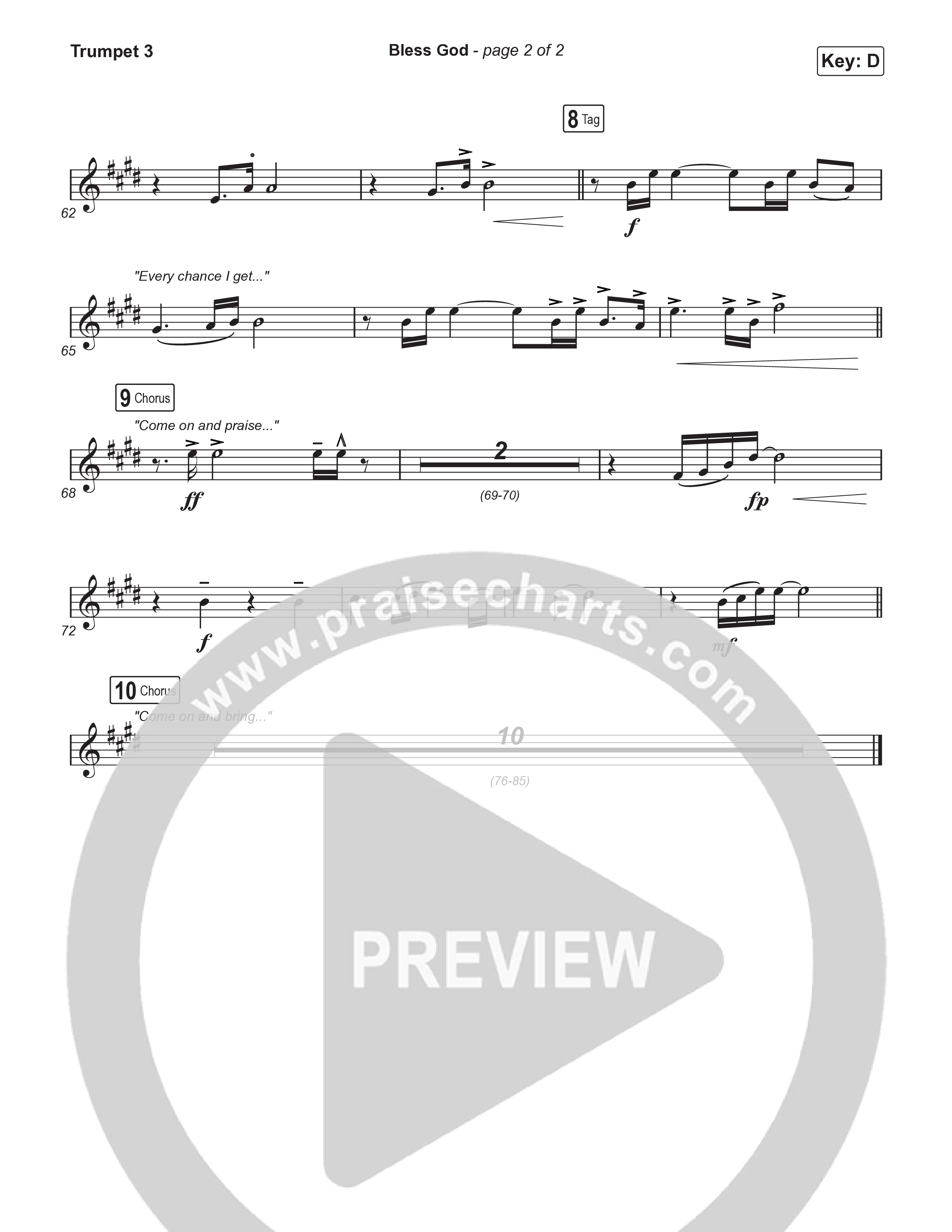 Bless God (Choral Anthem SATB) Trumpet 3 (Brooke Ligertwood / Arr. Luke Gambill)