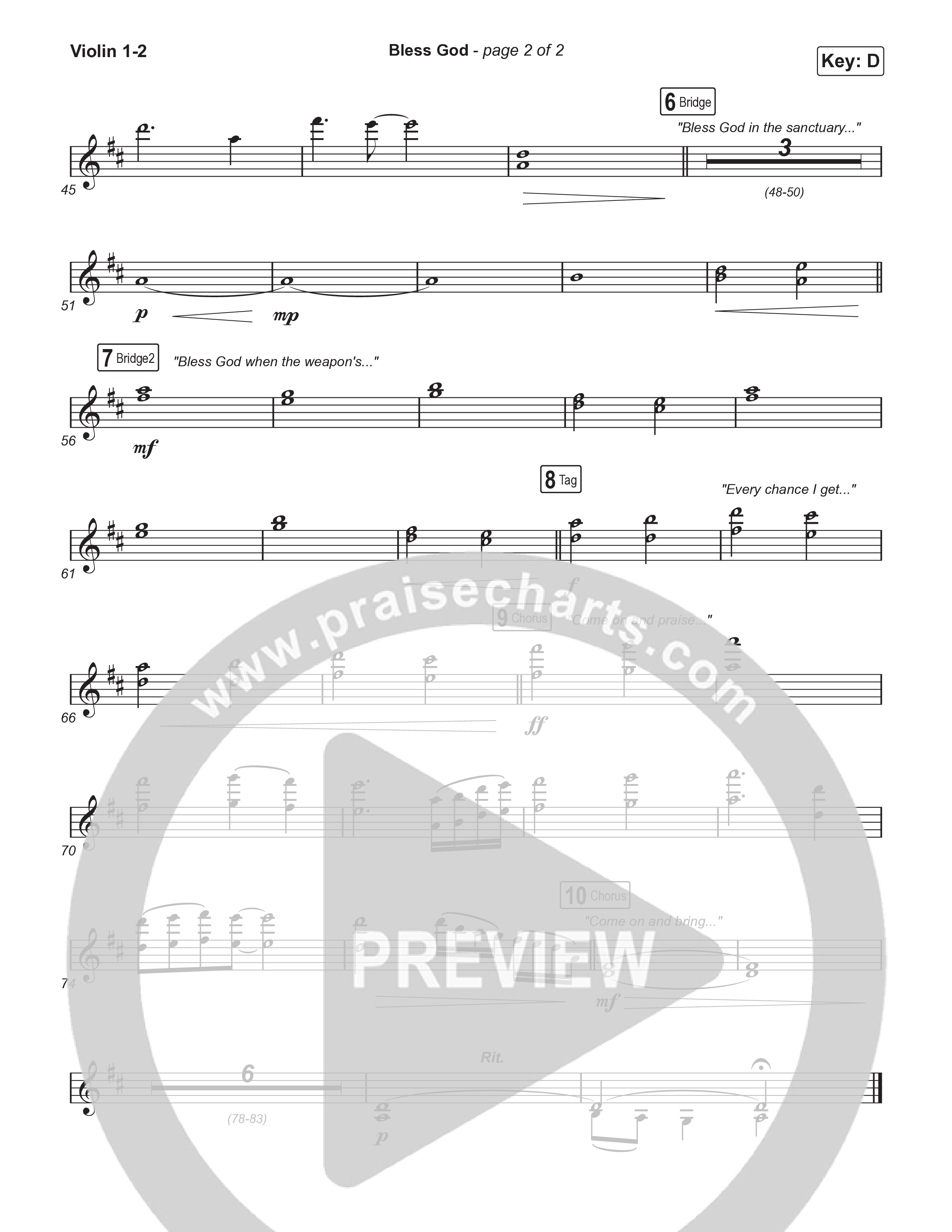 Bless God (Choral Anthem SATB) Violin 1,2 (Brooke Ligertwood / Arr. Luke Gambill)