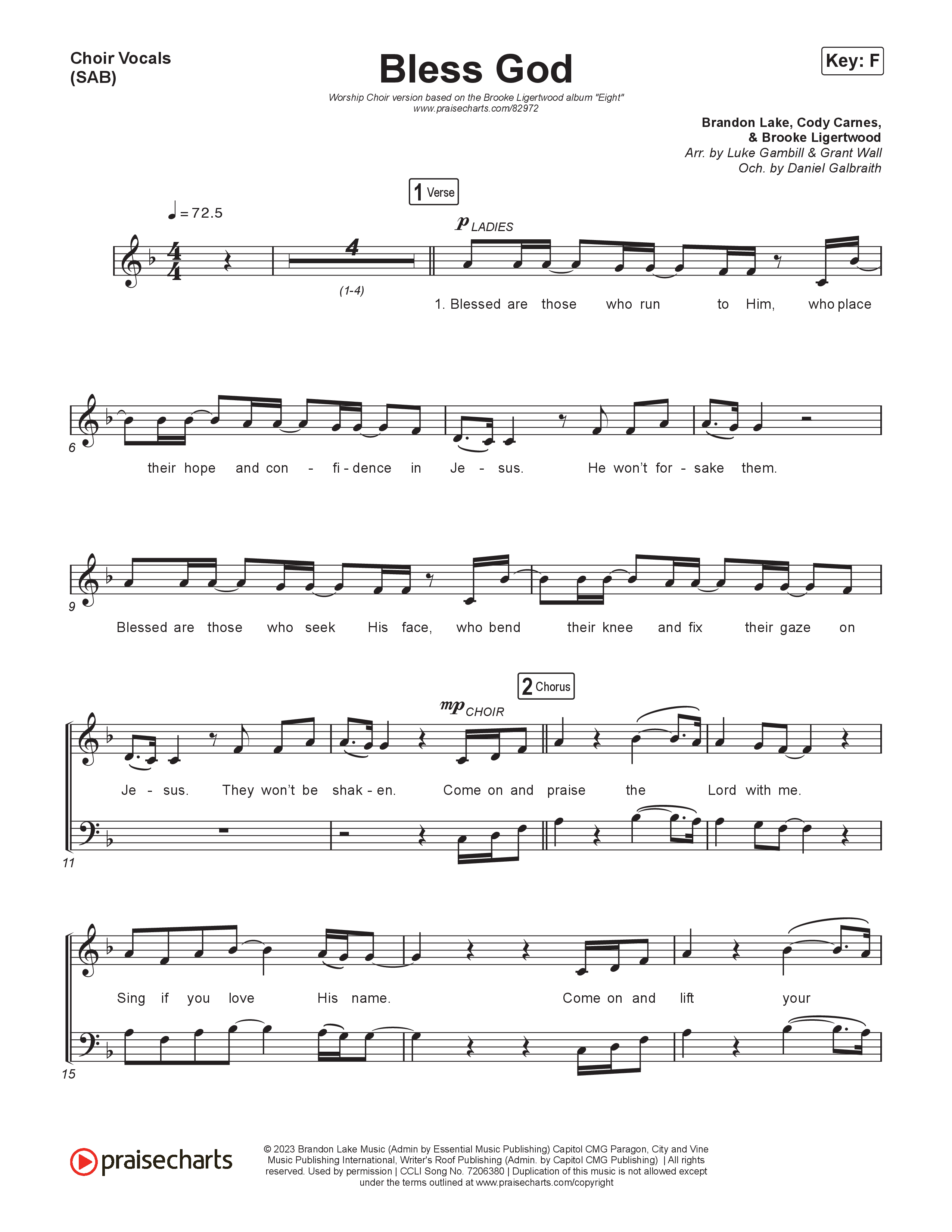 Bless God (Worship Choir/SAB) Choir Sheet (SAB) (Brooke Ligertwood / Arr. Luke Gambill)