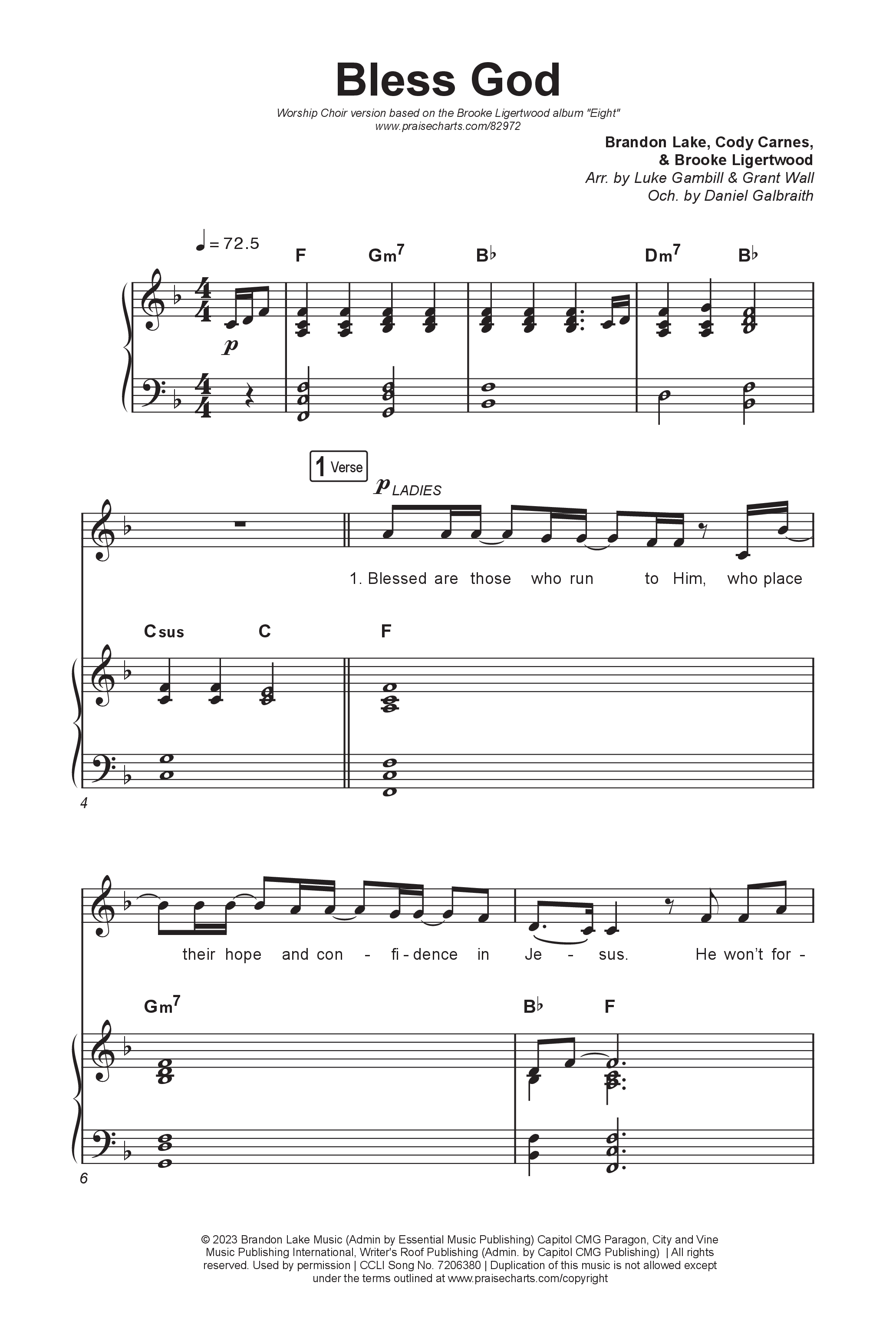 Bless God (Worship Choir/SAB) Octavo (SAB & Pno) (Brooke Ligertwood / Arr. Luke Gambill)