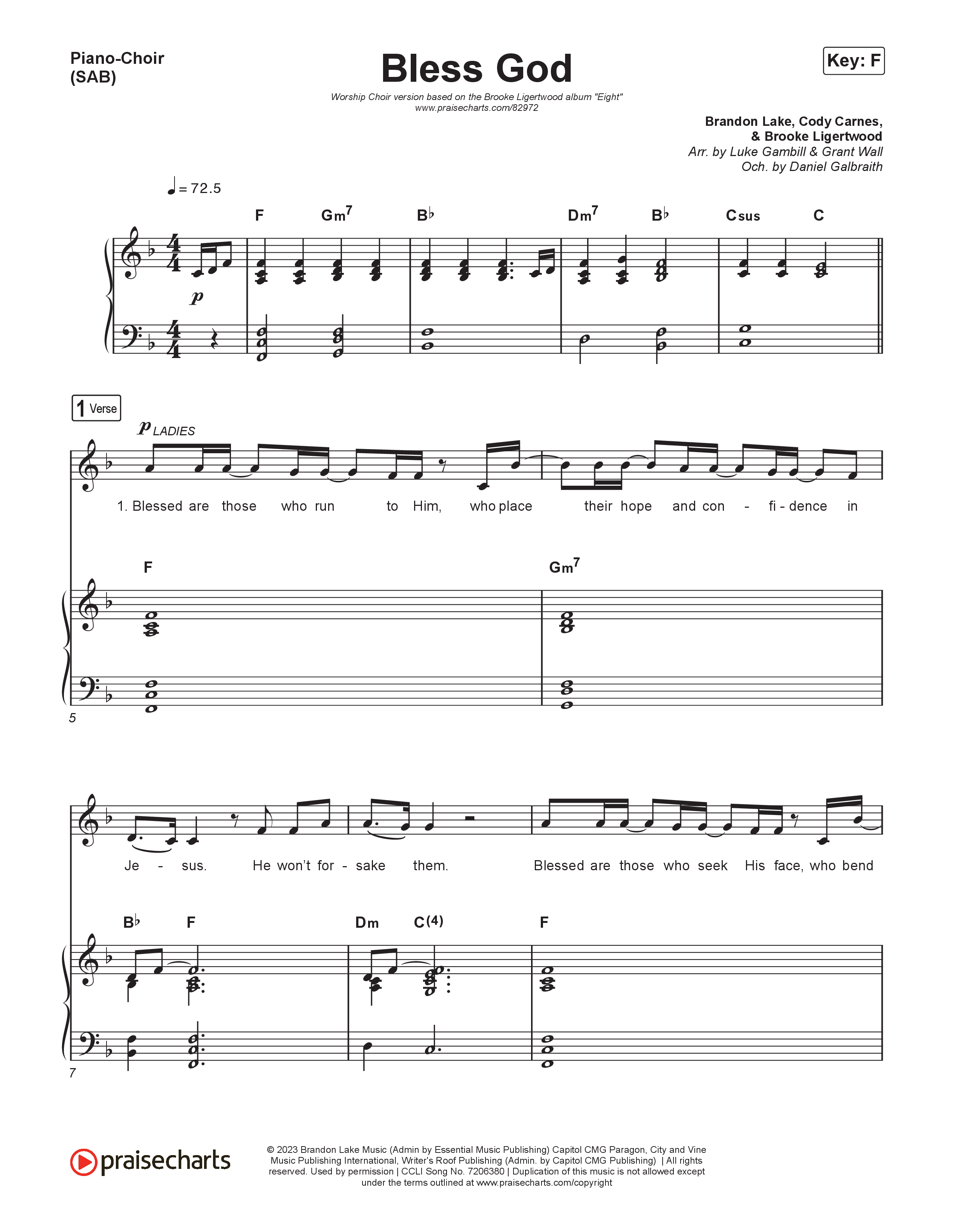 Bless God (Worship Choir/SAB) Piano/Choir (SAB) (Brooke Ligertwood / Arr. Luke Gambill)