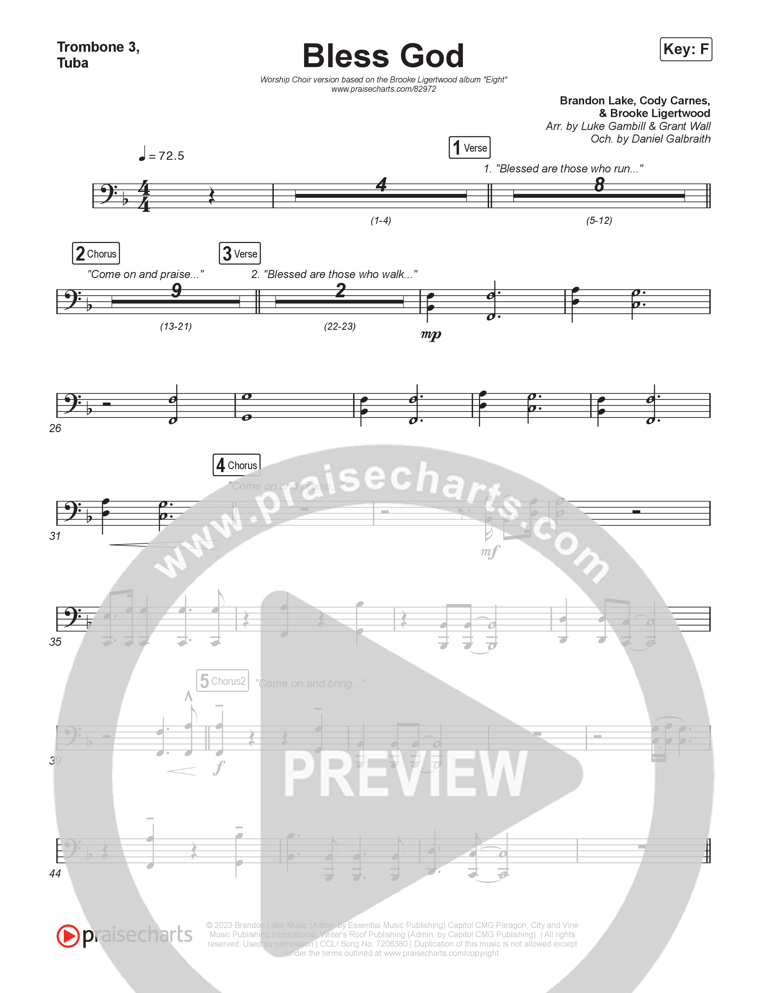 Bless God (Worship Choir/SAB) Trombone 3/Tuba (Brooke Ligertwood / Arr. Luke Gambill)