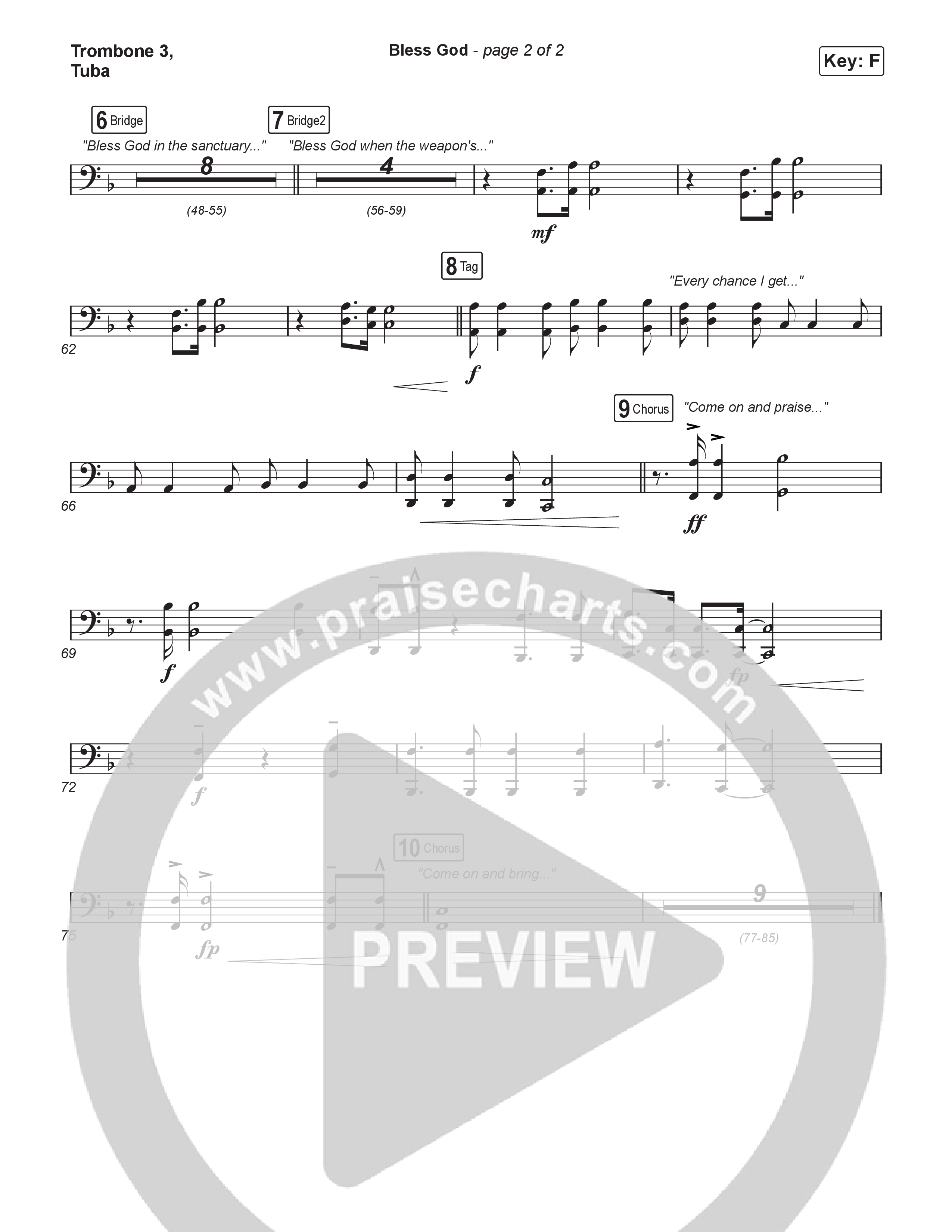 Bless God (Worship Choir/SAB) Trombone 3/Tuba (Brooke Ligertwood / Arr. Luke Gambill)